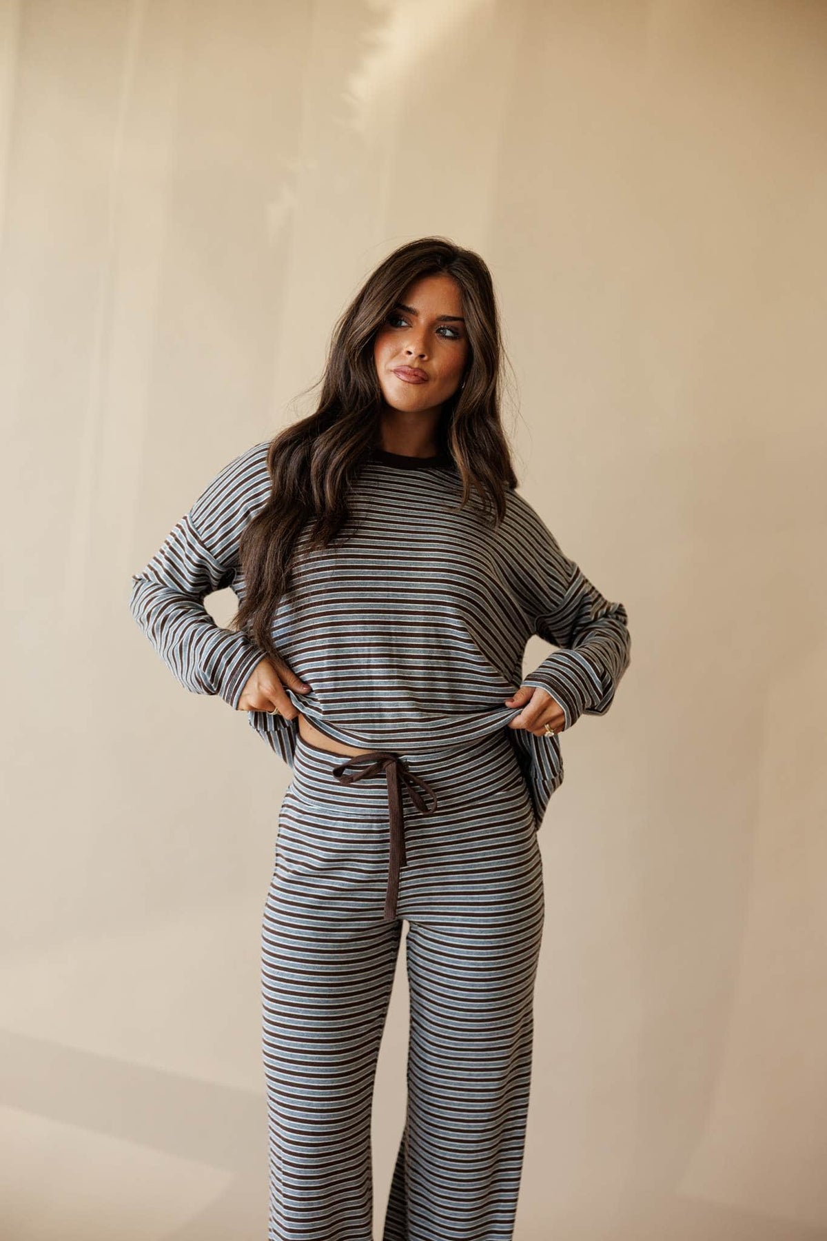 Brown and grey stripe oversized knit top, front view