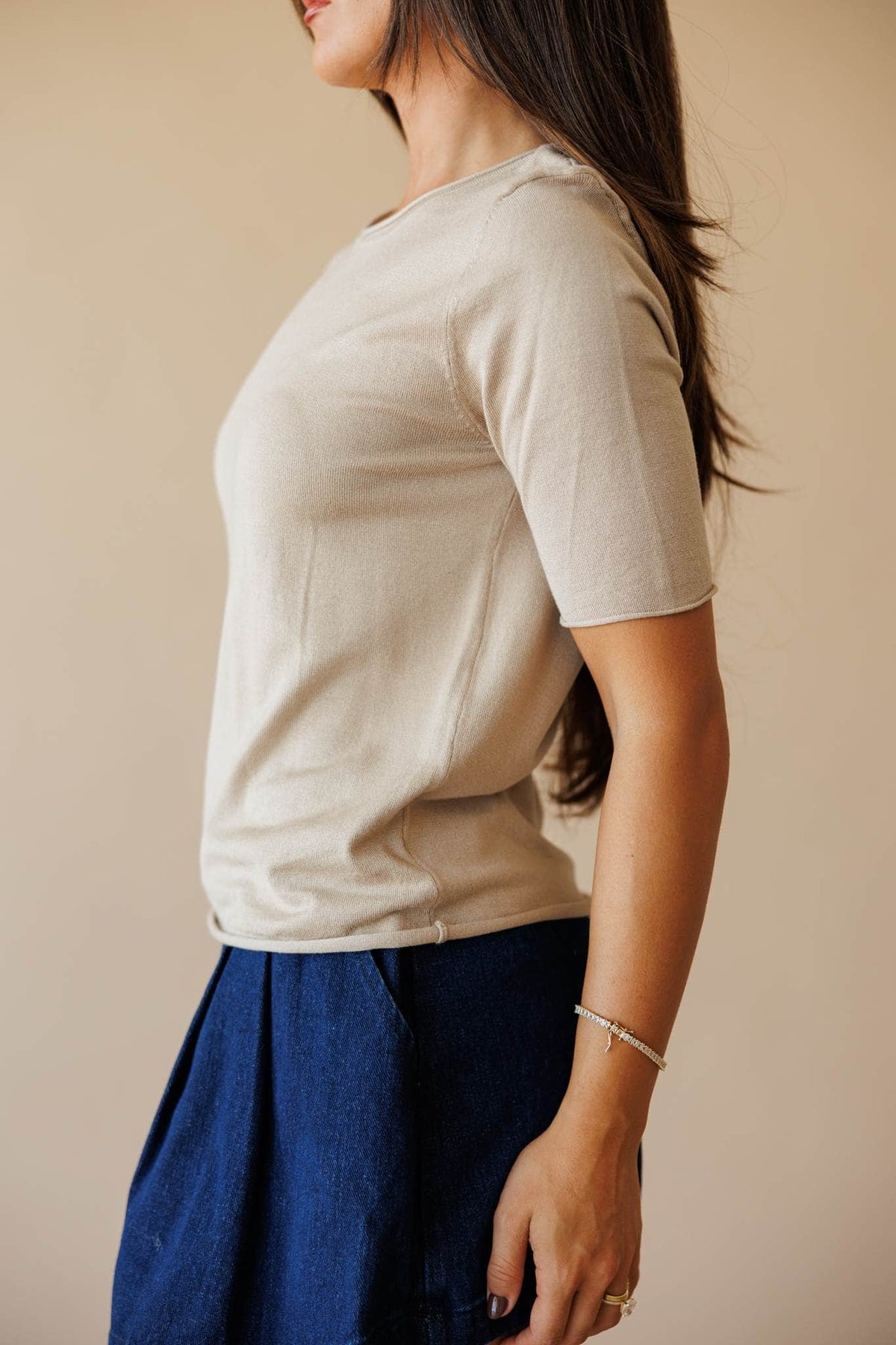 Taupe short sleeve knit top