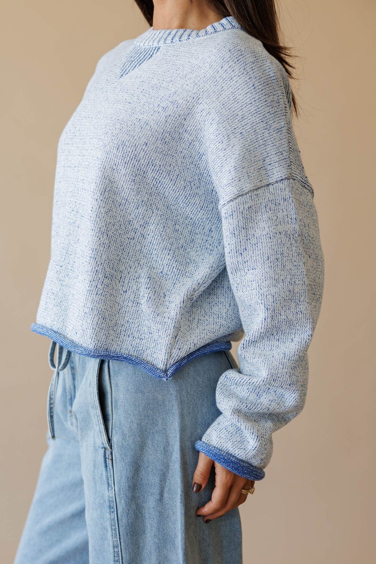 Two tone knit sweater with contrast trim