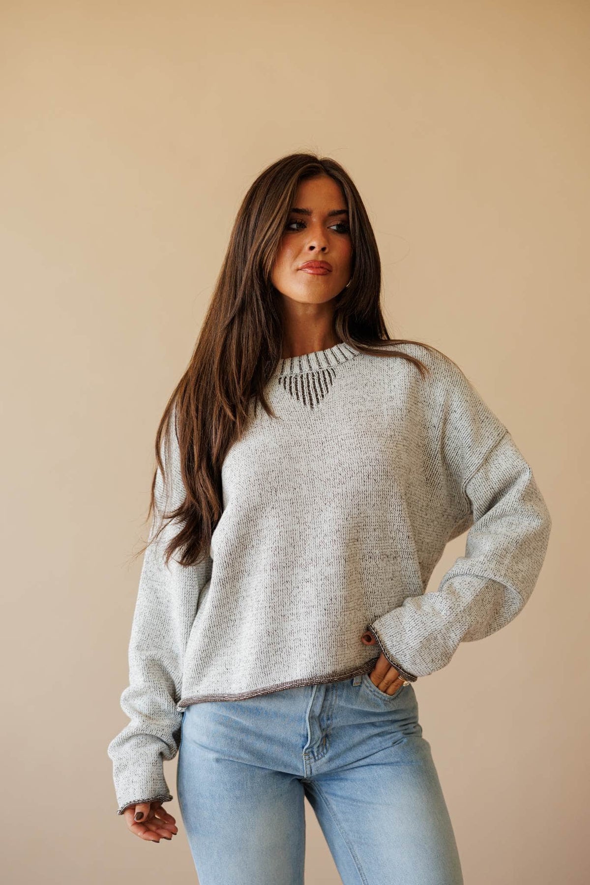 Two tone knit sweater with contrast trim