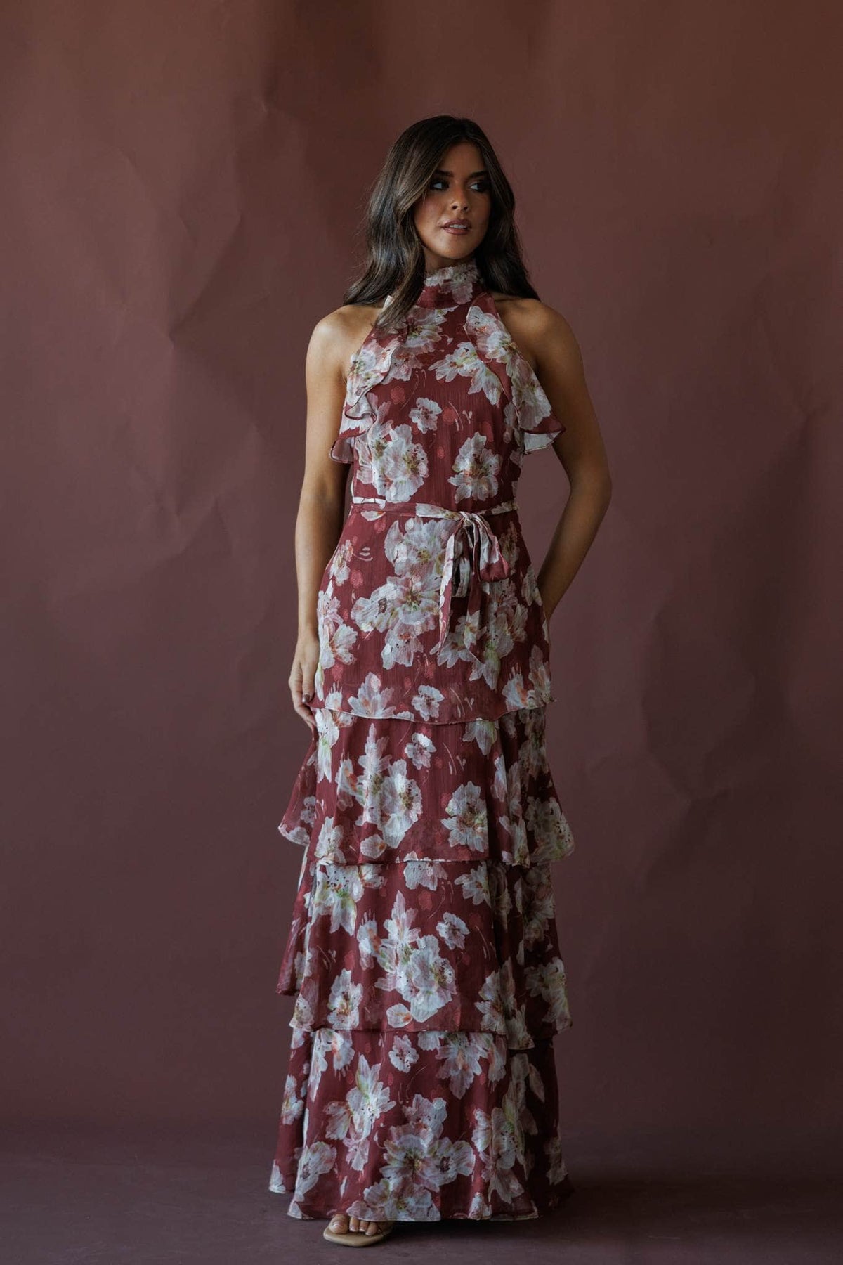 Burgundy floral tiered halter maxi dress, front view