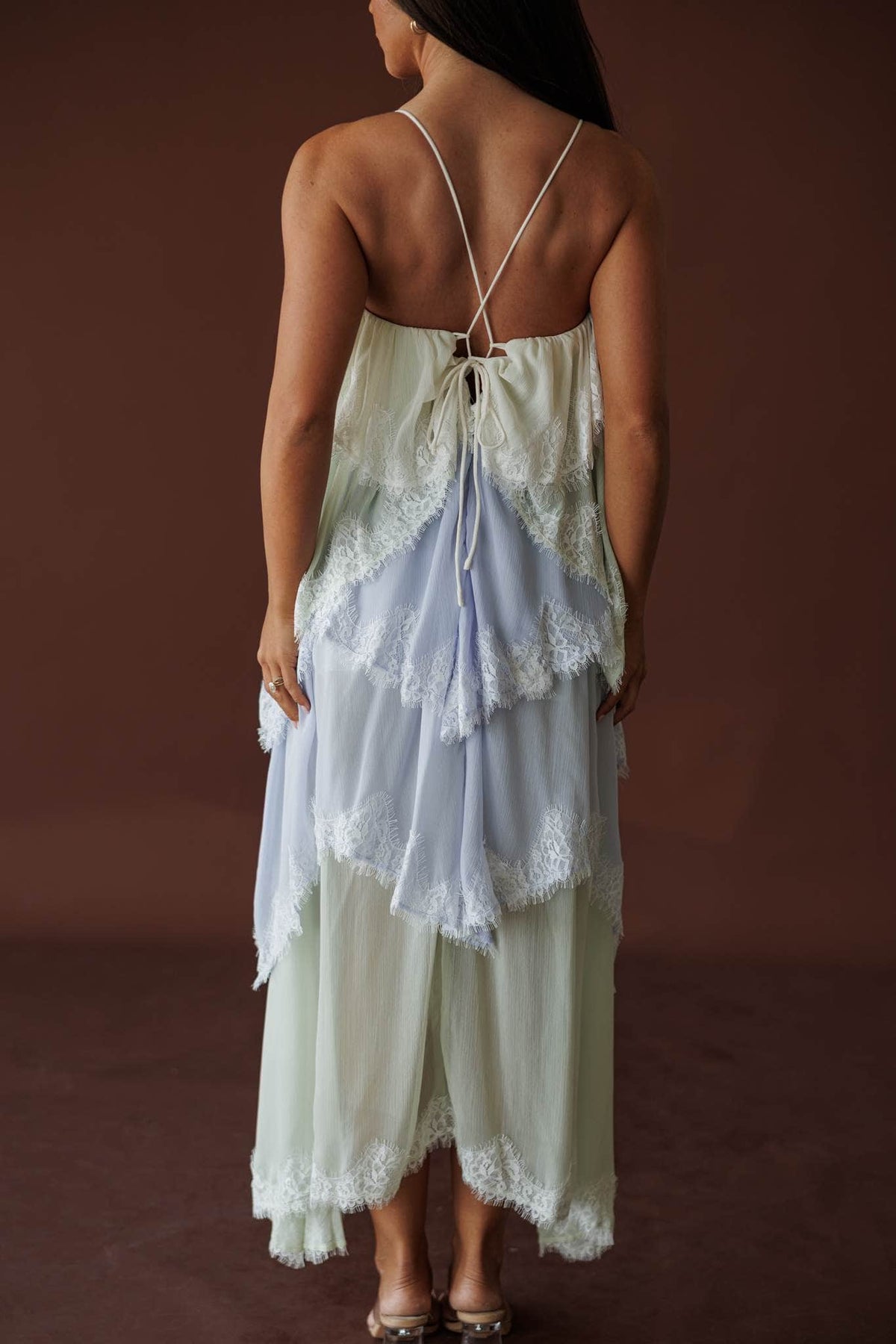 Tiered lace chiffon midi dress