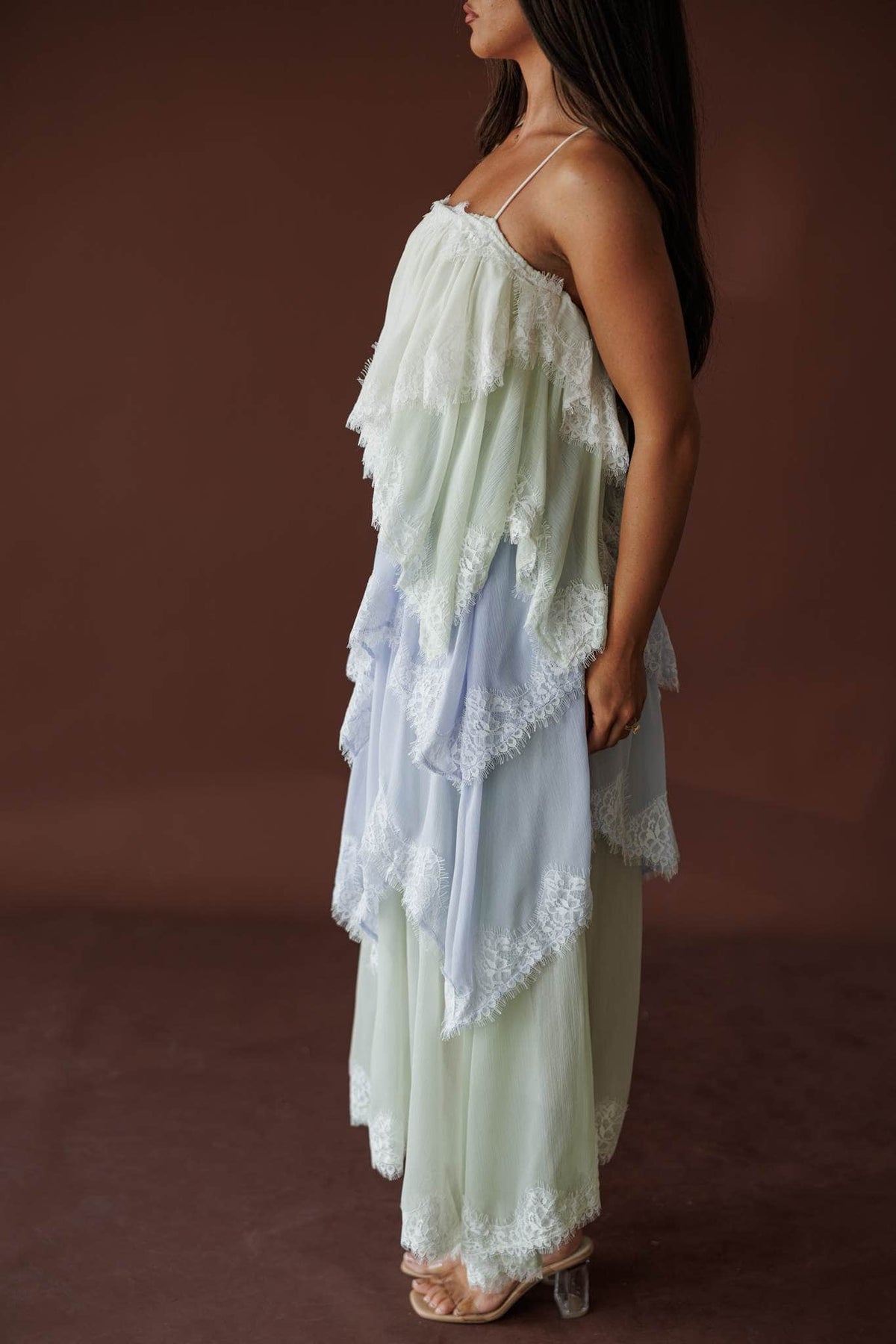 Tiered lace chiffon midi dress