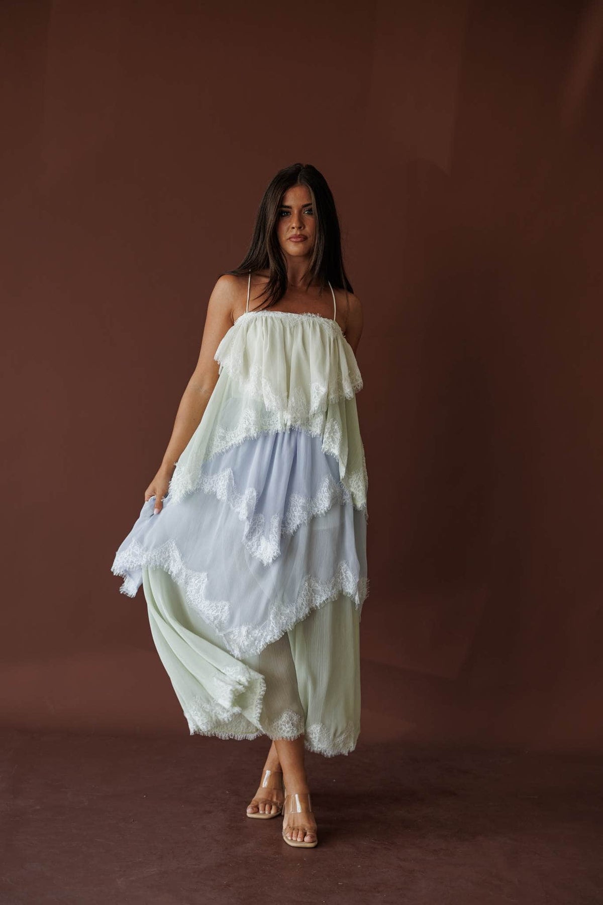 Tiered lace chiffon midi dress