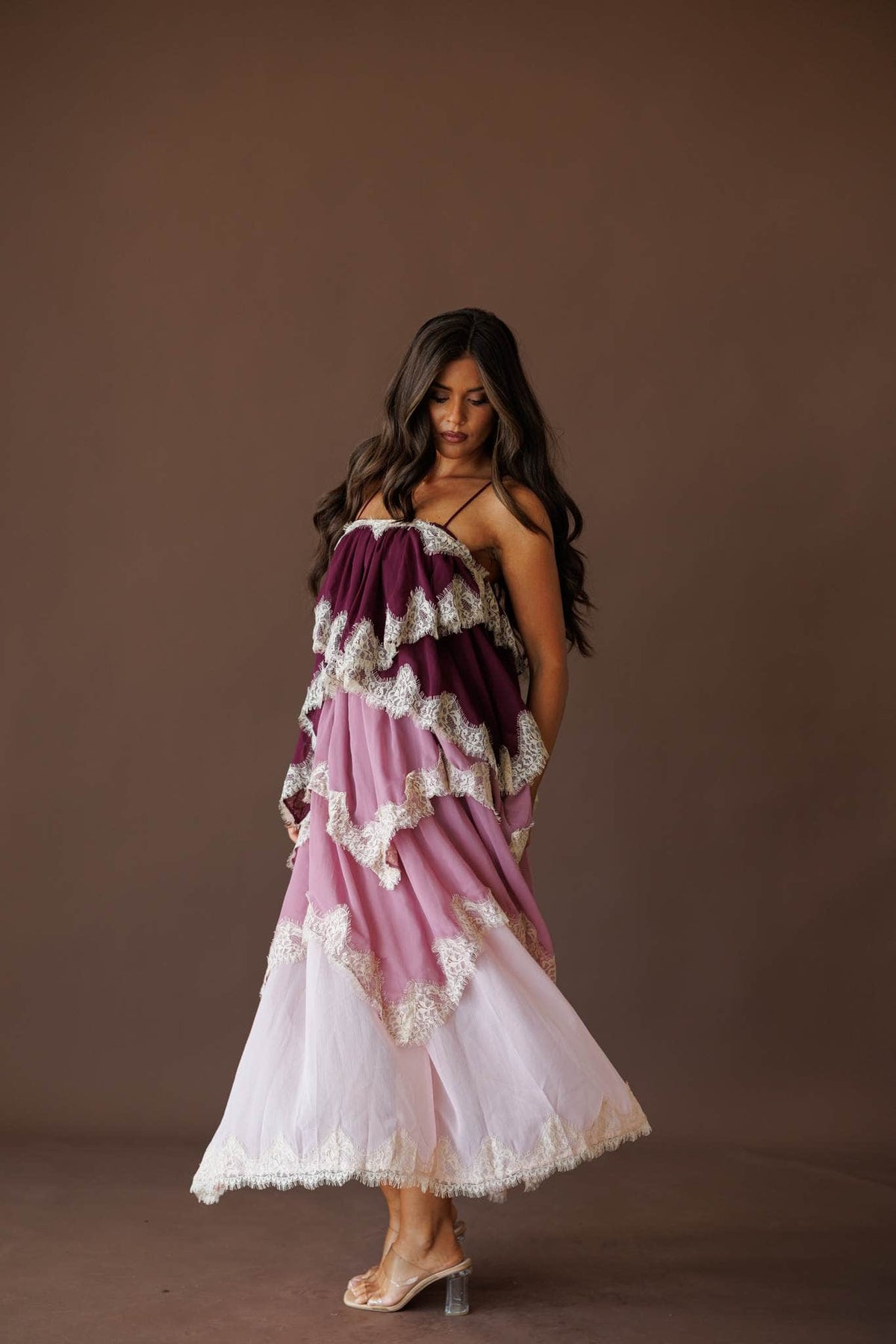 Tiered lace chiffon midi dress, front view