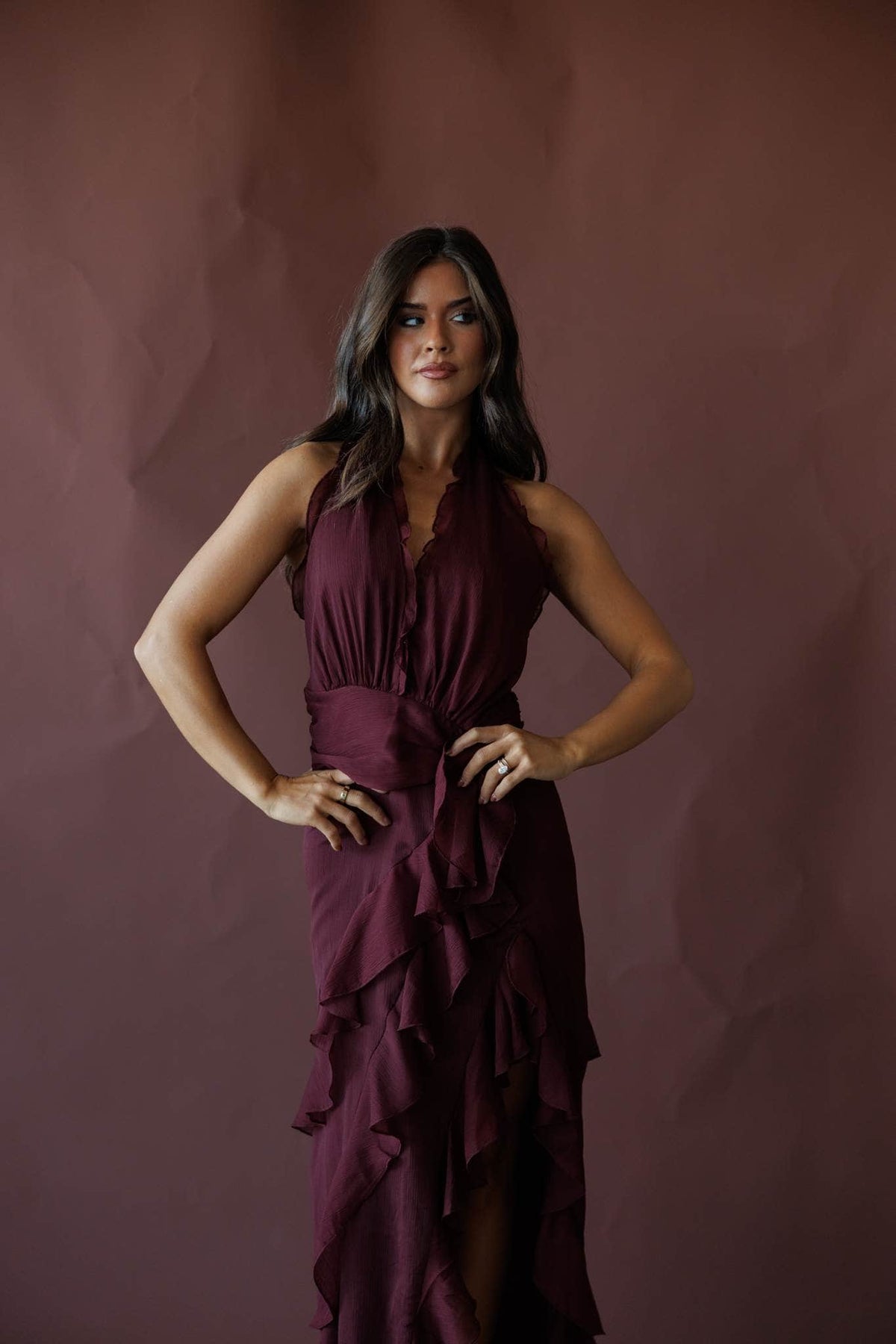 Wine ruffle halter maxi dress