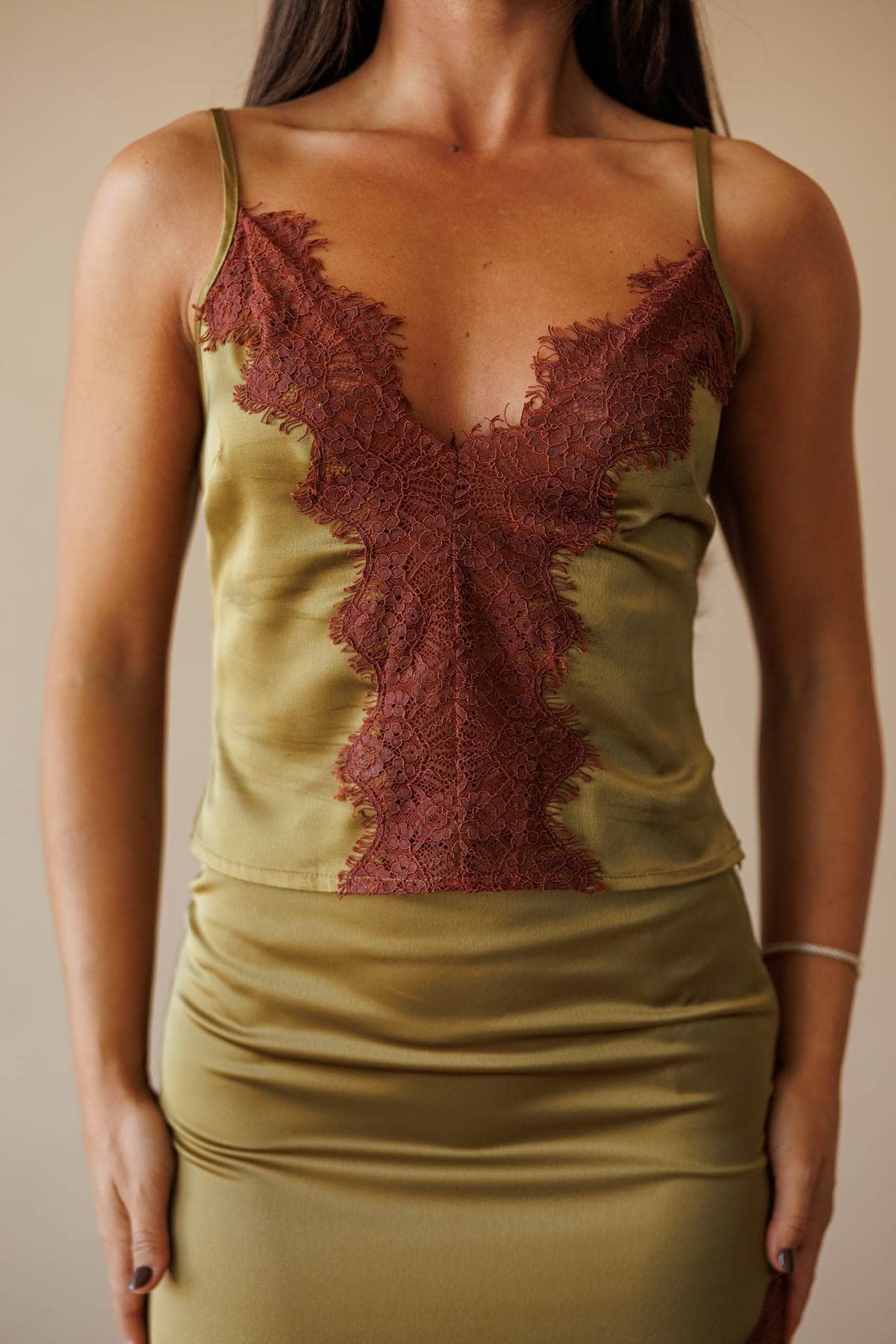 Olive satin camisole with lace trim