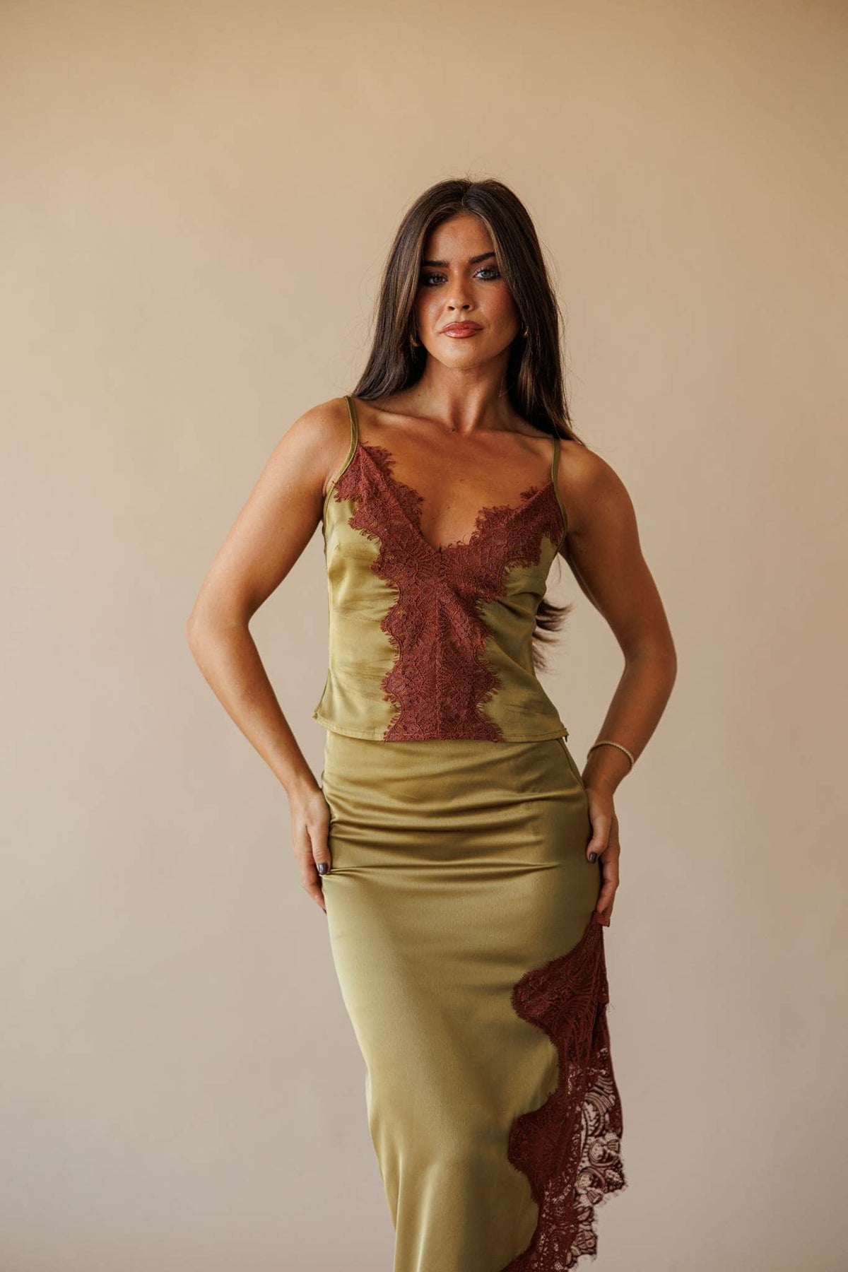Olive satin camisole with lace trim, front view