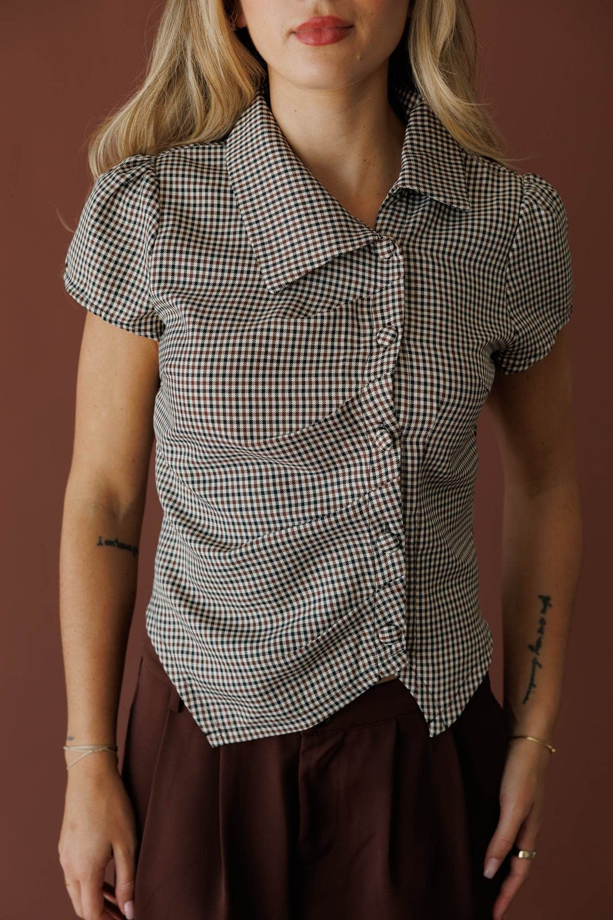 Grey micro check short sleeve button top