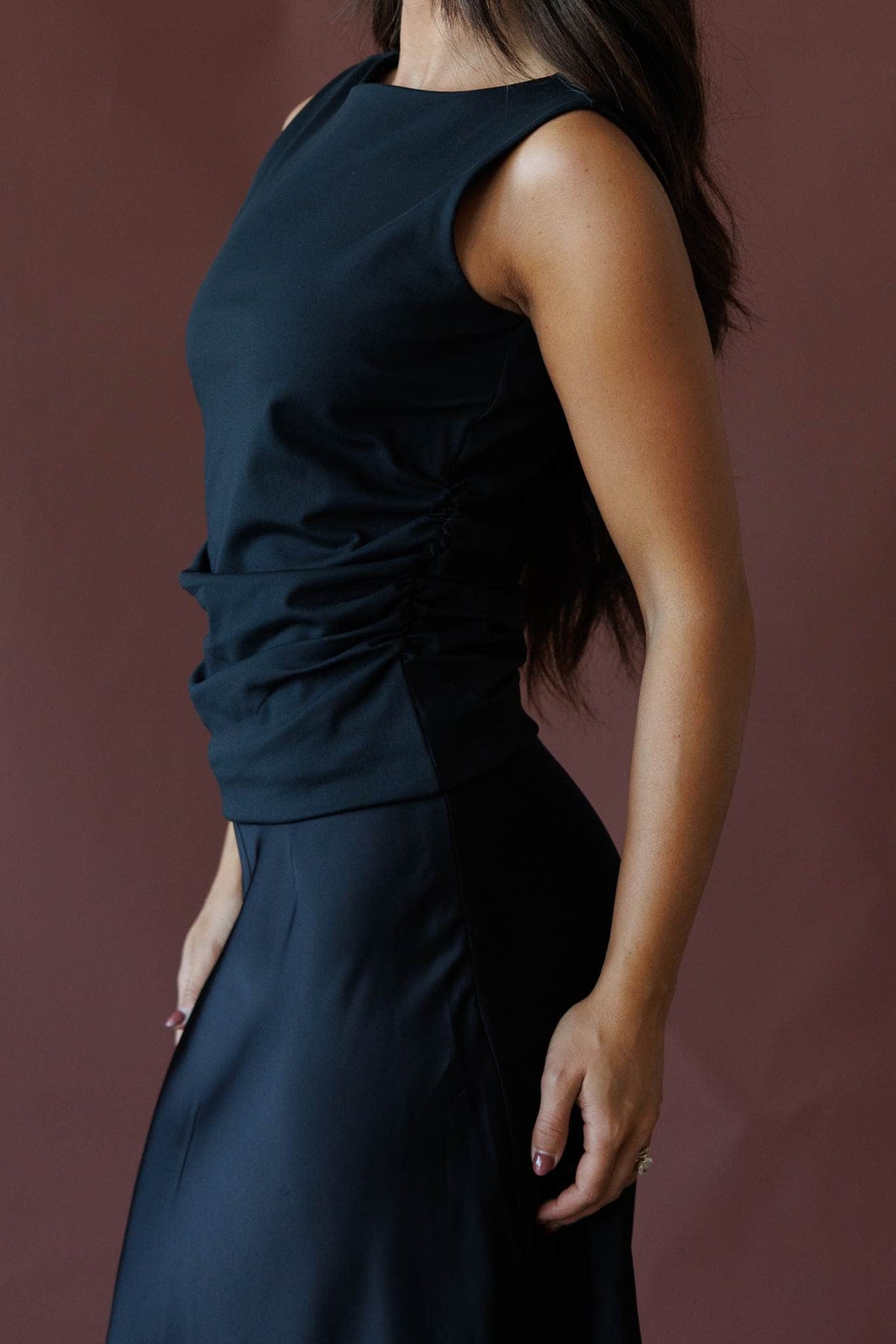 Black sleeveless ruched top