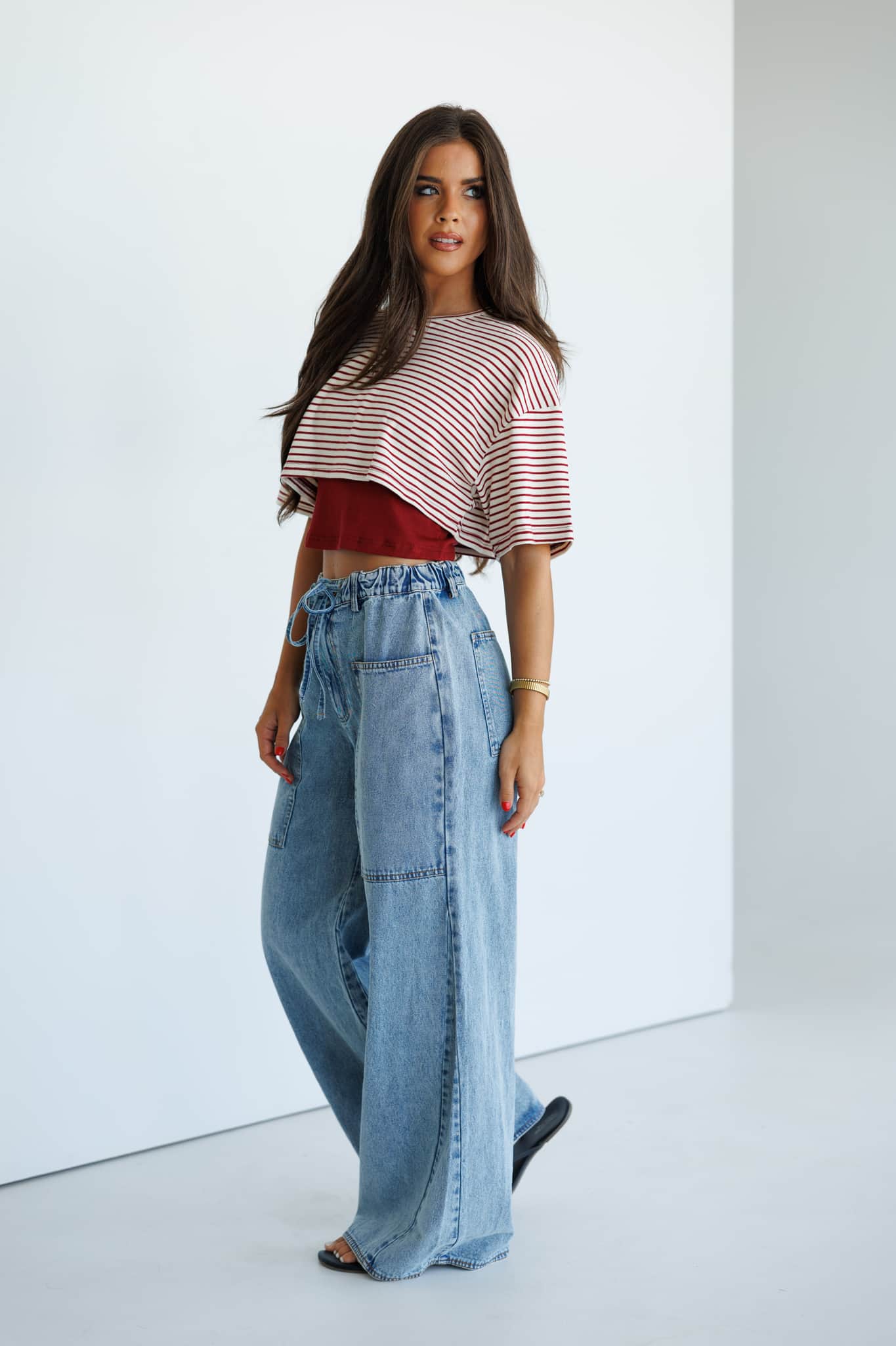 Washed Drawstring Wide Leg Jeans