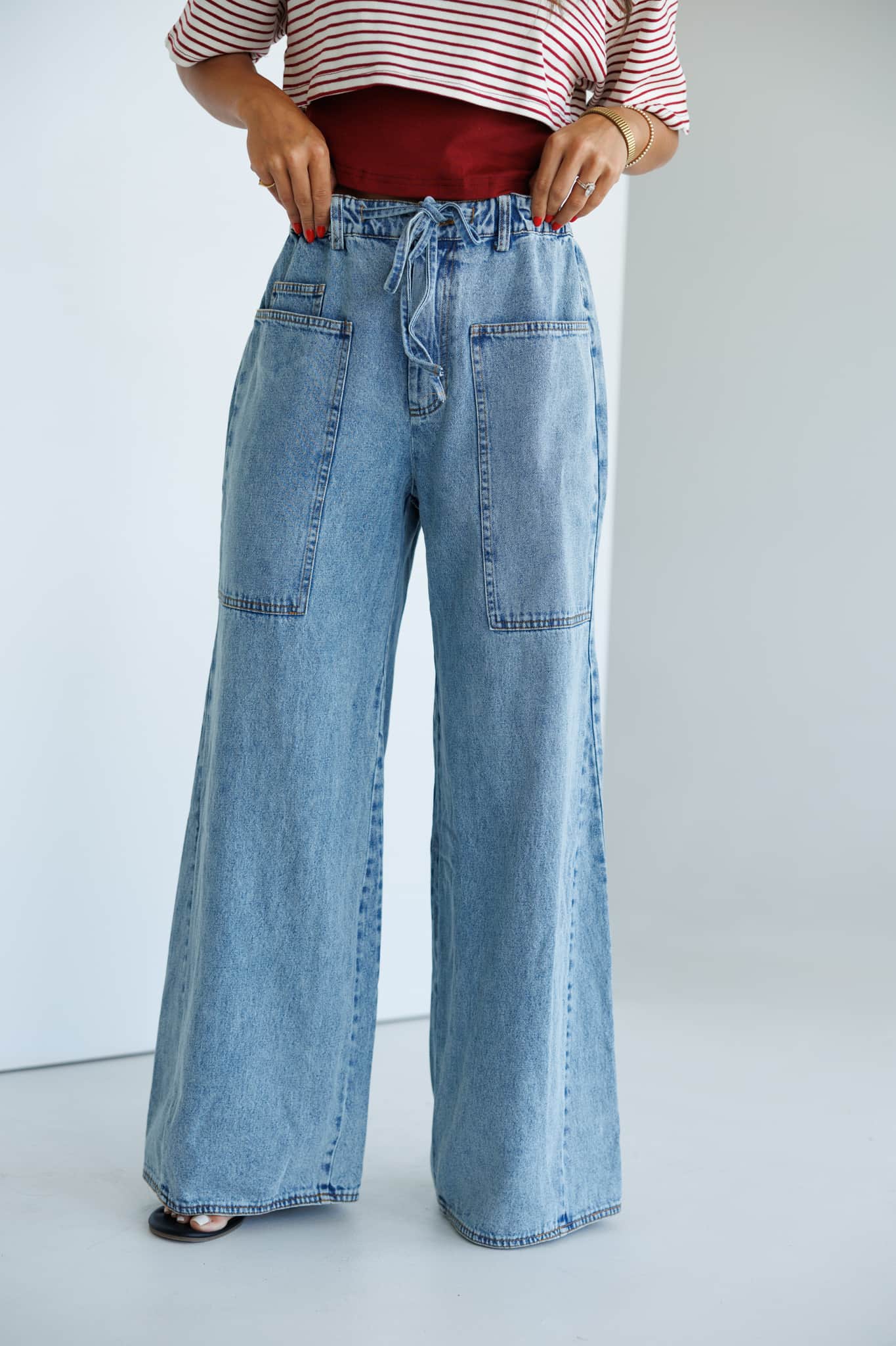 Washed Drawstring Wide Leg Jeans