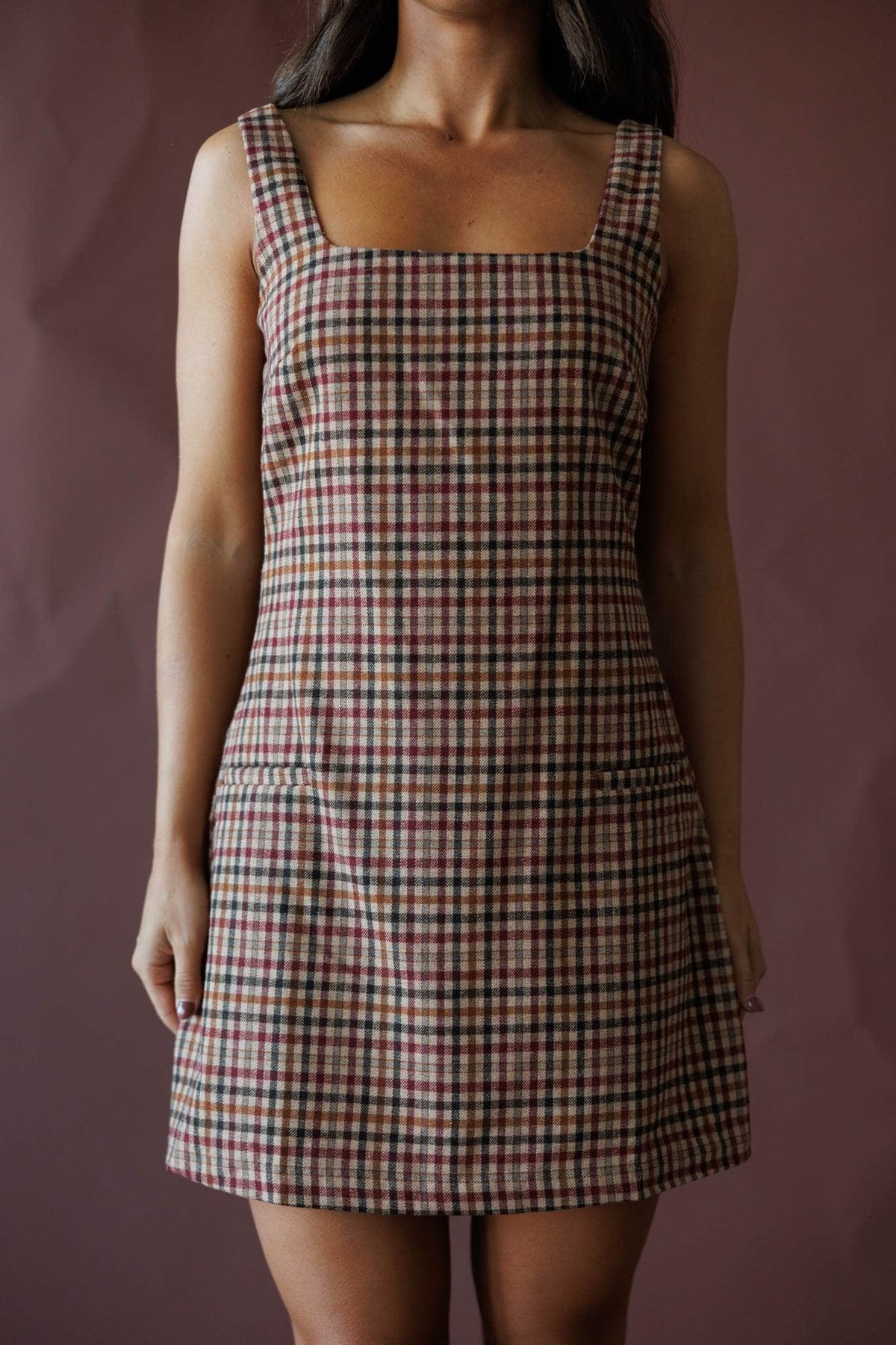 Tan plaid pinafore mini dress