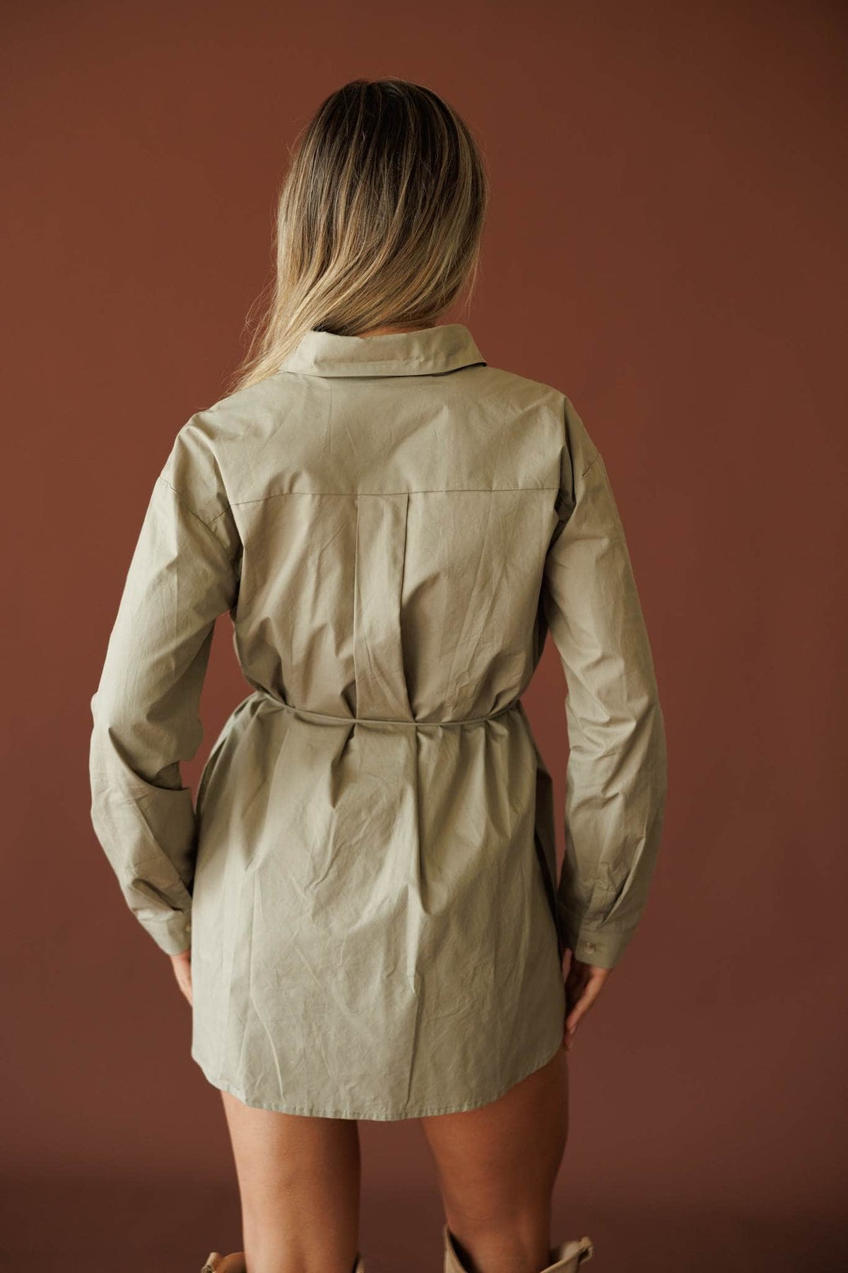 Western Chic Shirt Romper in muted olive, back view showing the collared shirt romper