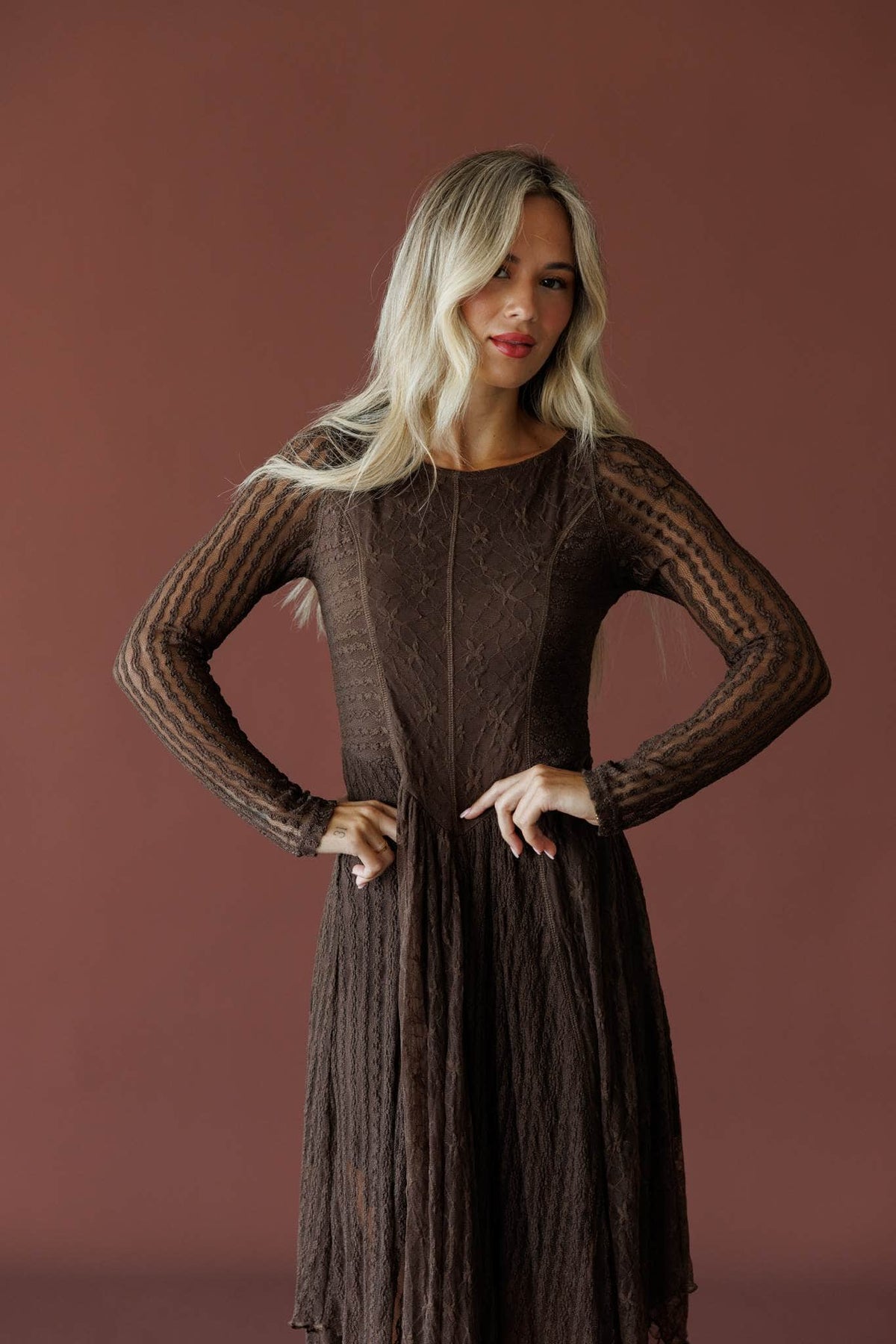 Whiskey And Lace Dress in chocolate, front close-up of the ribbed knit bodice