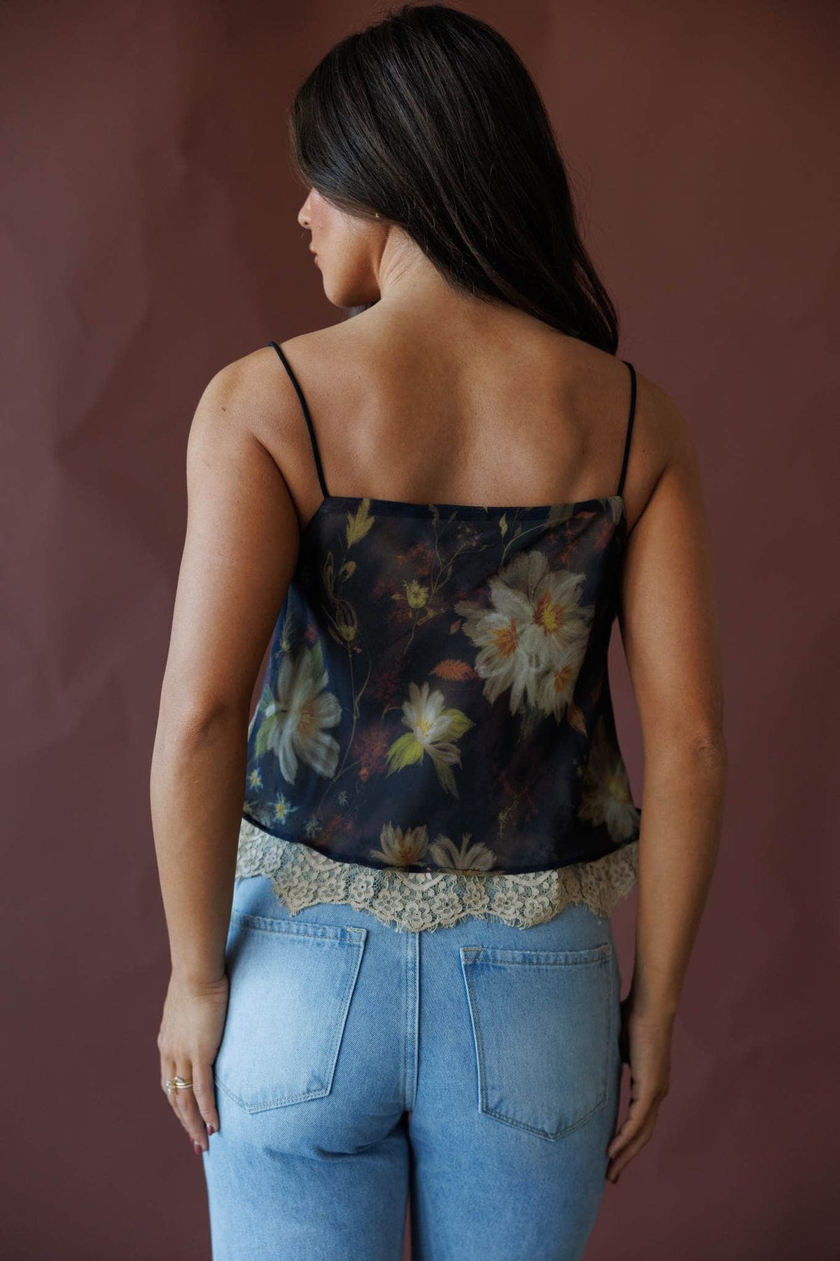 Dark floral lace trim camisole