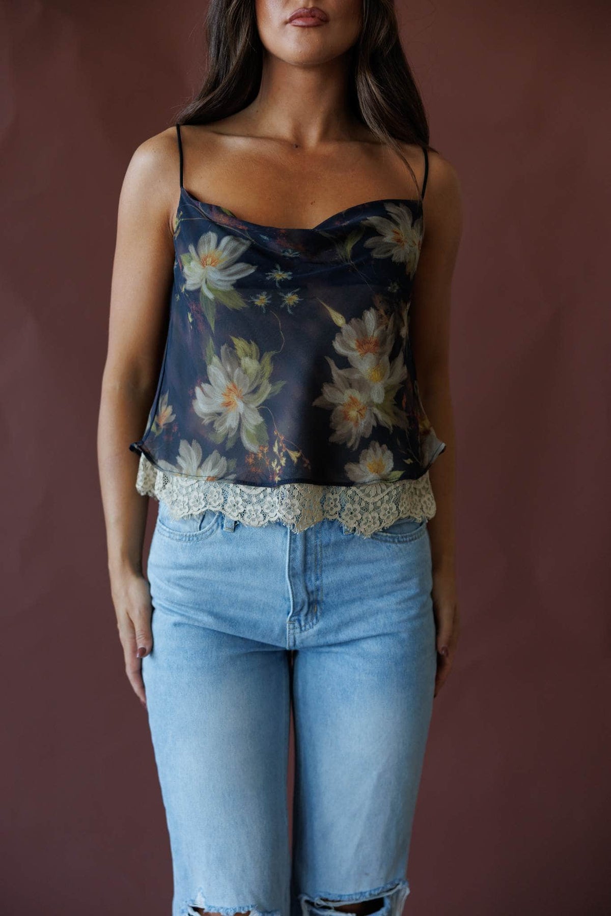 Dark floral lace trim camisole