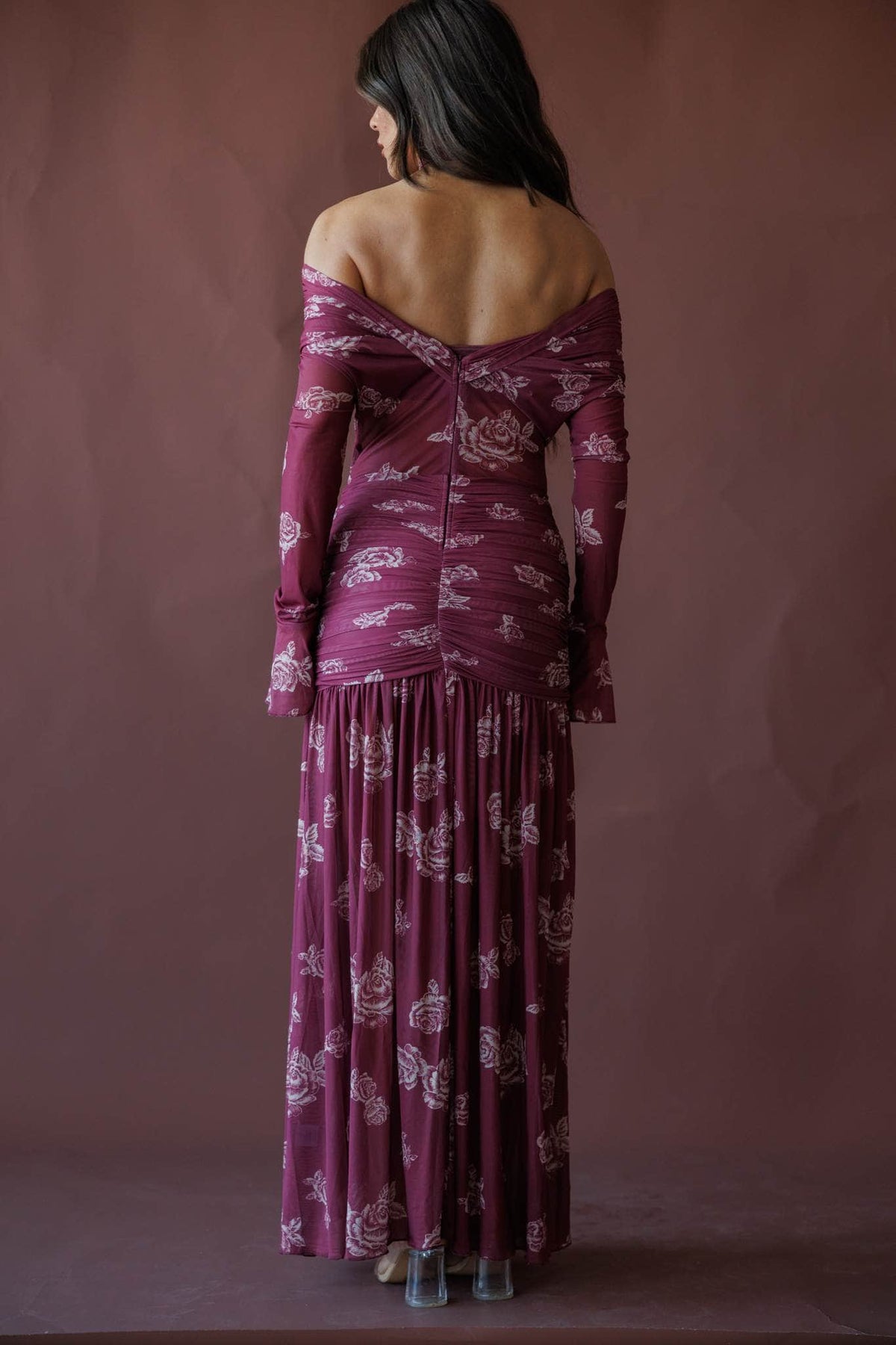 Wine floral off the shoulder maxi dress