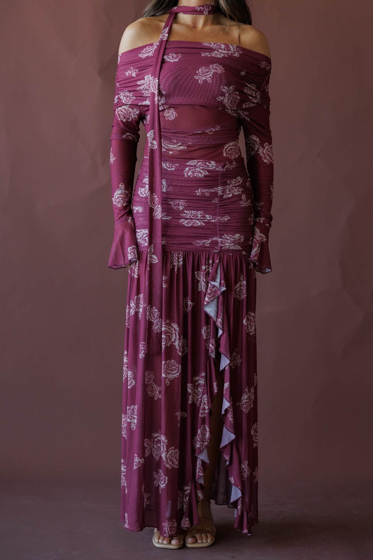 Wine floral off the shoulder maxi dress