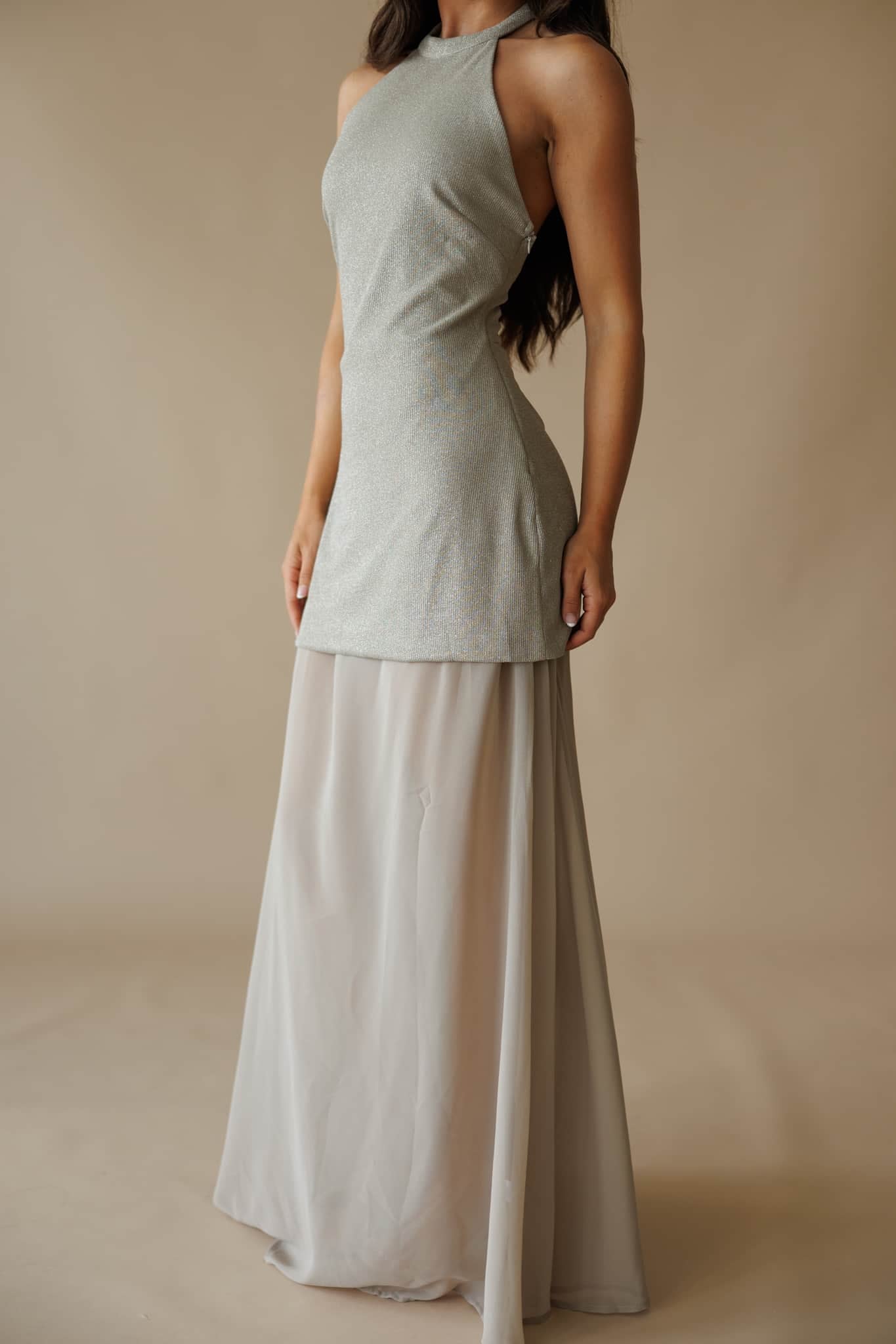 Champagne Gold Metallic Halter Maxi Dress
