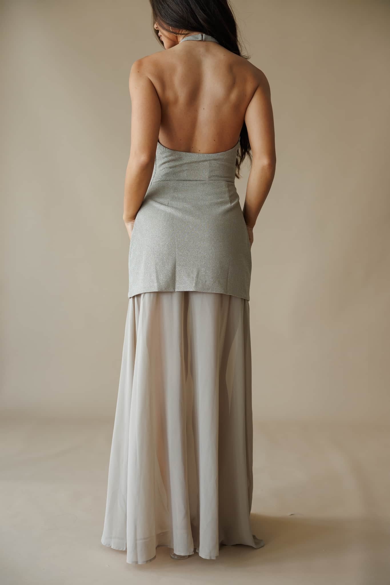 Champagne Gold Metallic Halter Maxi Dress