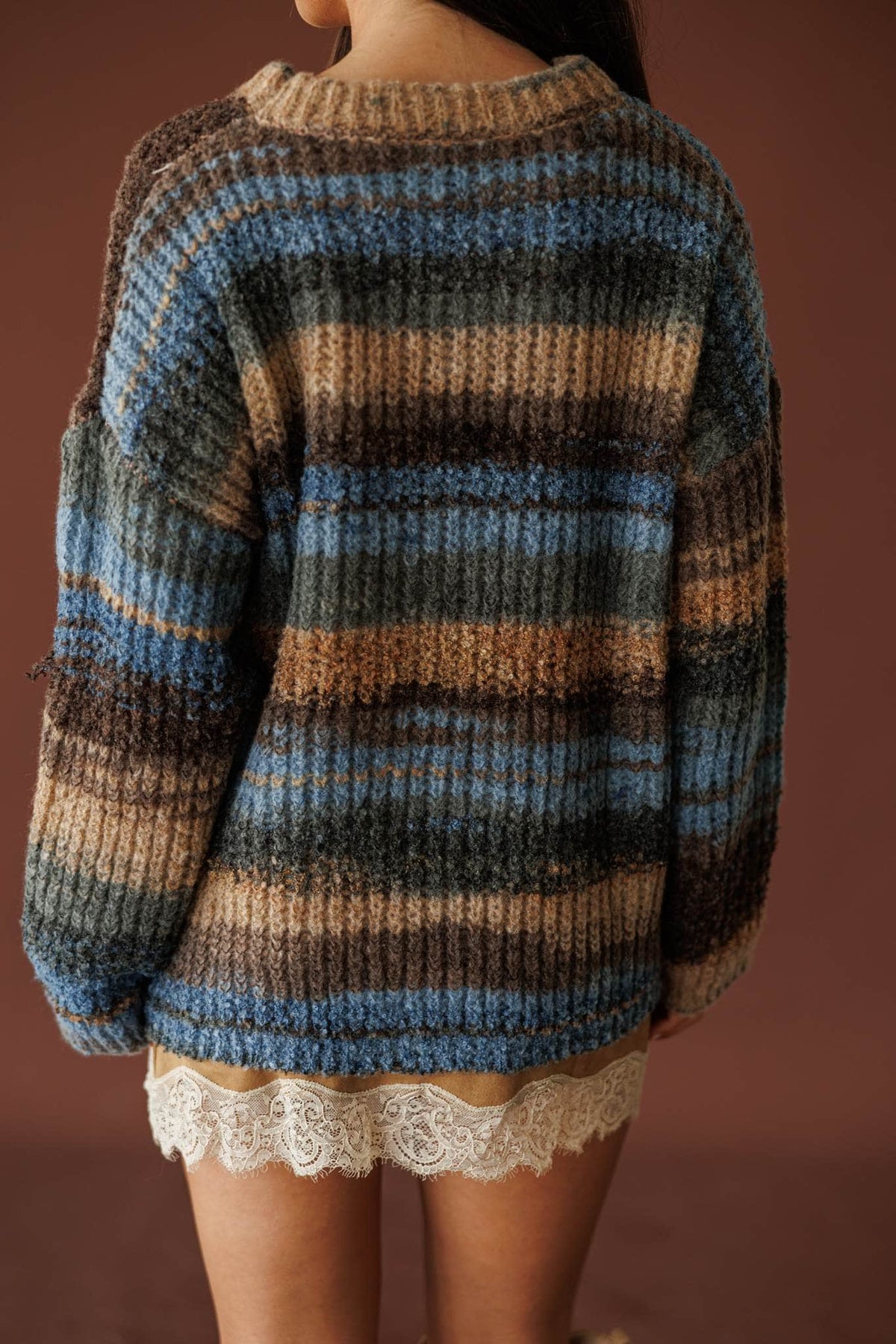 Brown and blue marled knit sweater