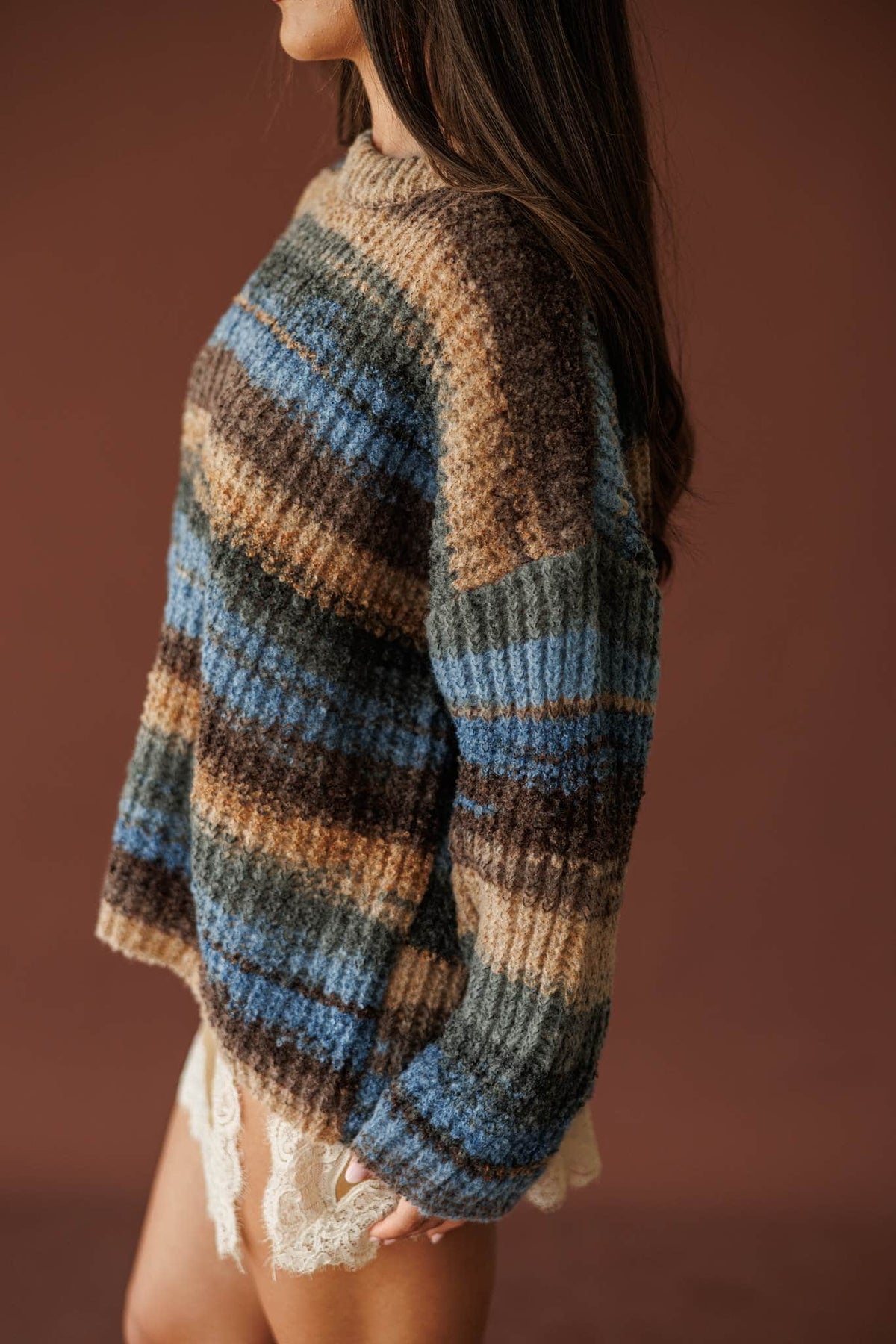 Brown and blue marled knit sweater
