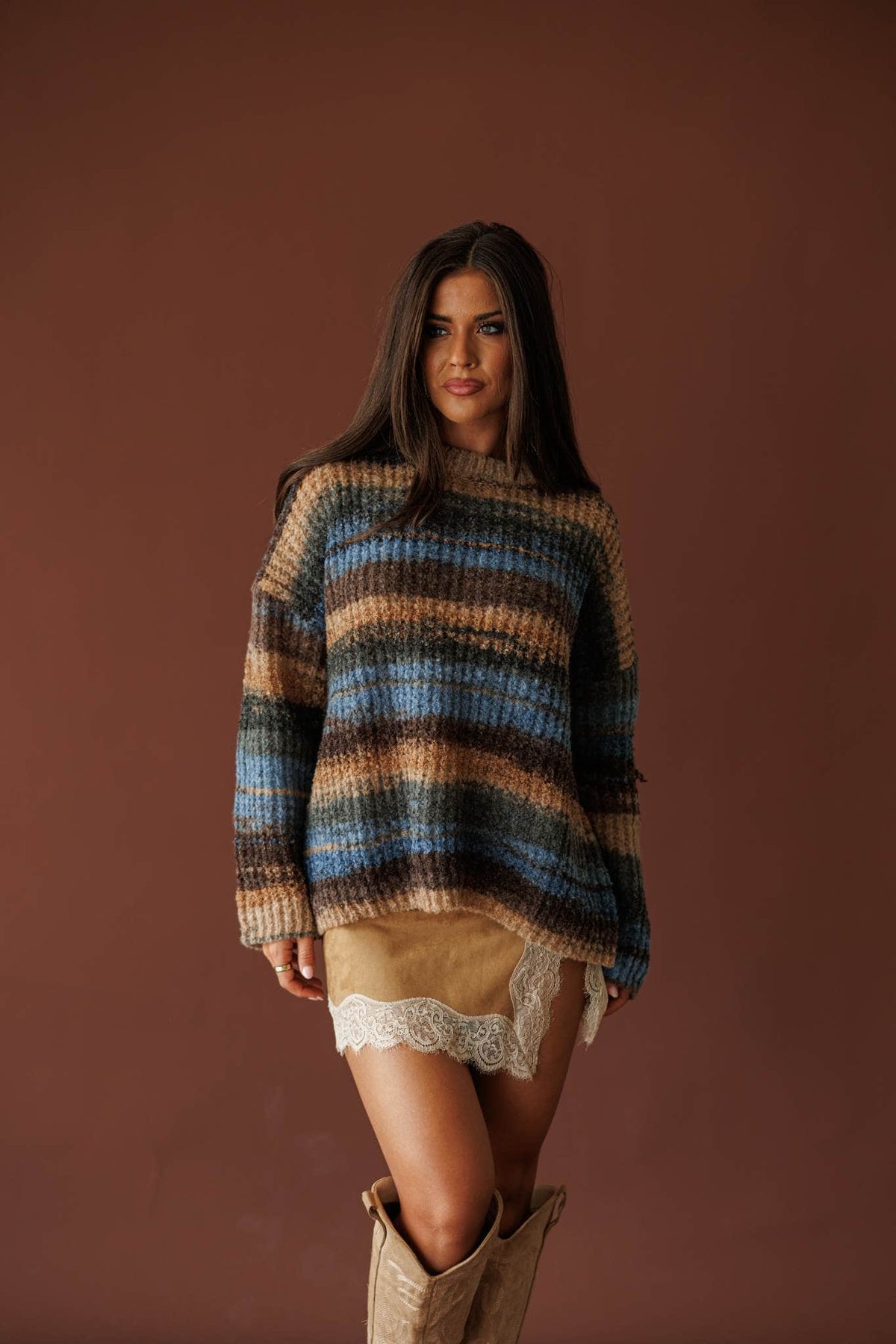 Brown and blue marled knit sweater, front view