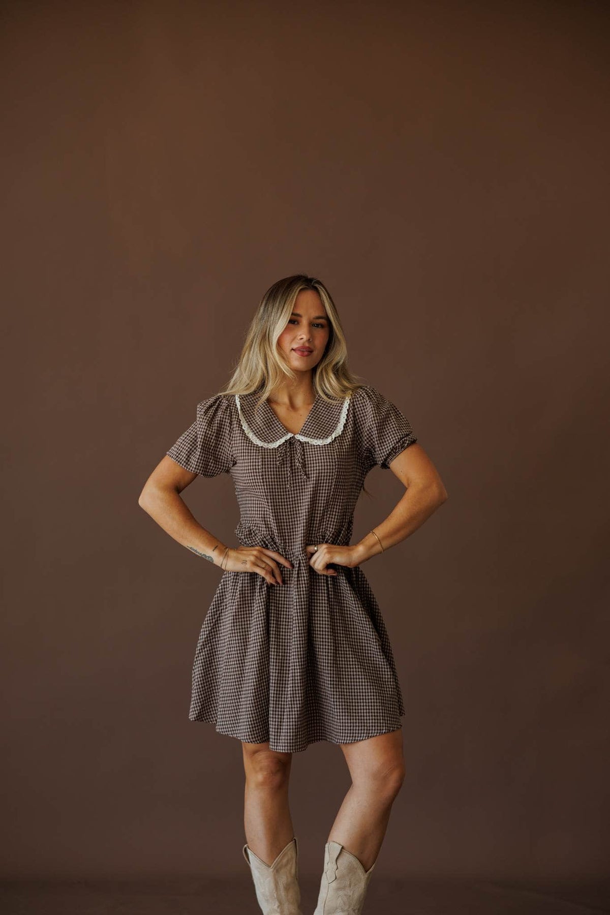 Autumn floral mini dress, front view