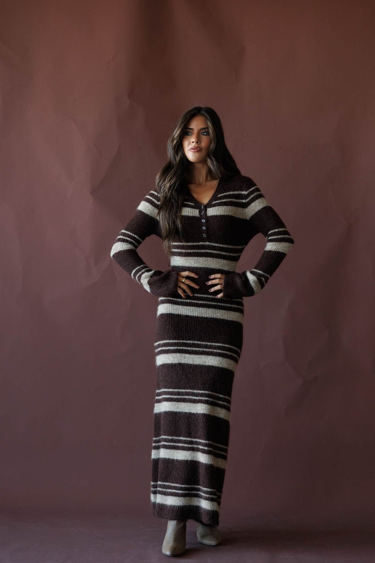 Striped knit maxi dress, front view