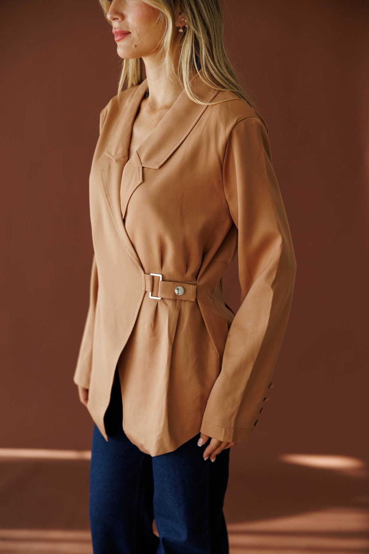 Back In The City Jacket in taupe, side view showing the belted blazer