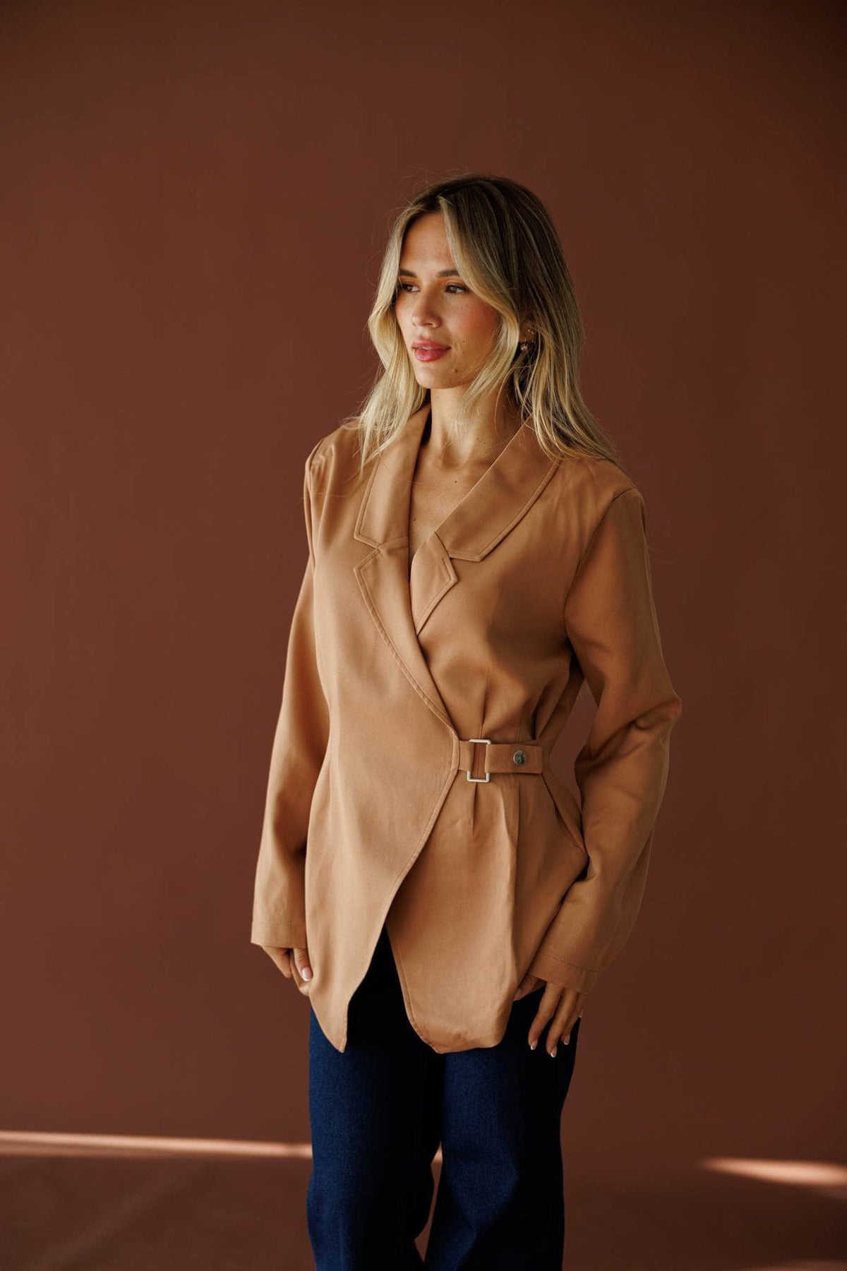 Back In The City Jacket in taupe, full-length view with dark wash jeans