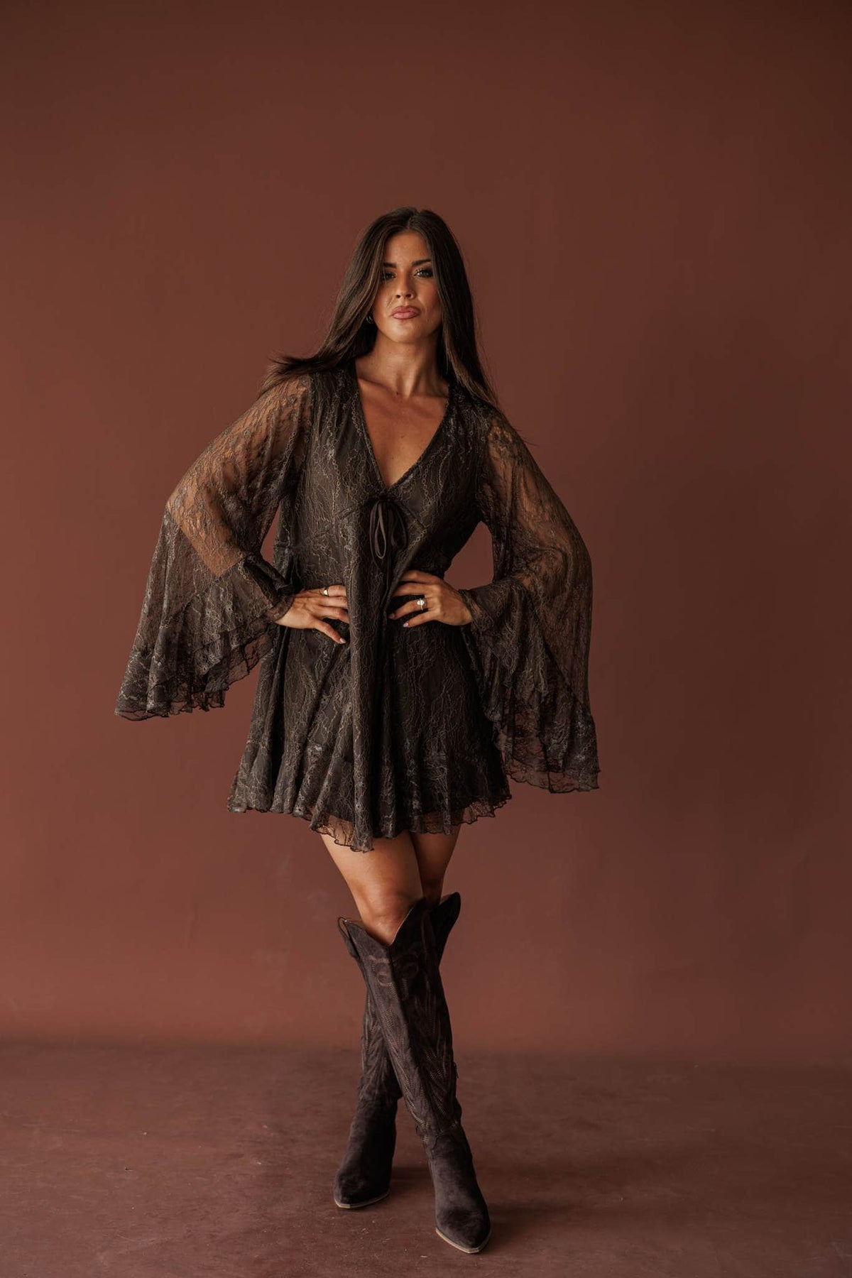 Dark brown lace babydoll mini dress
