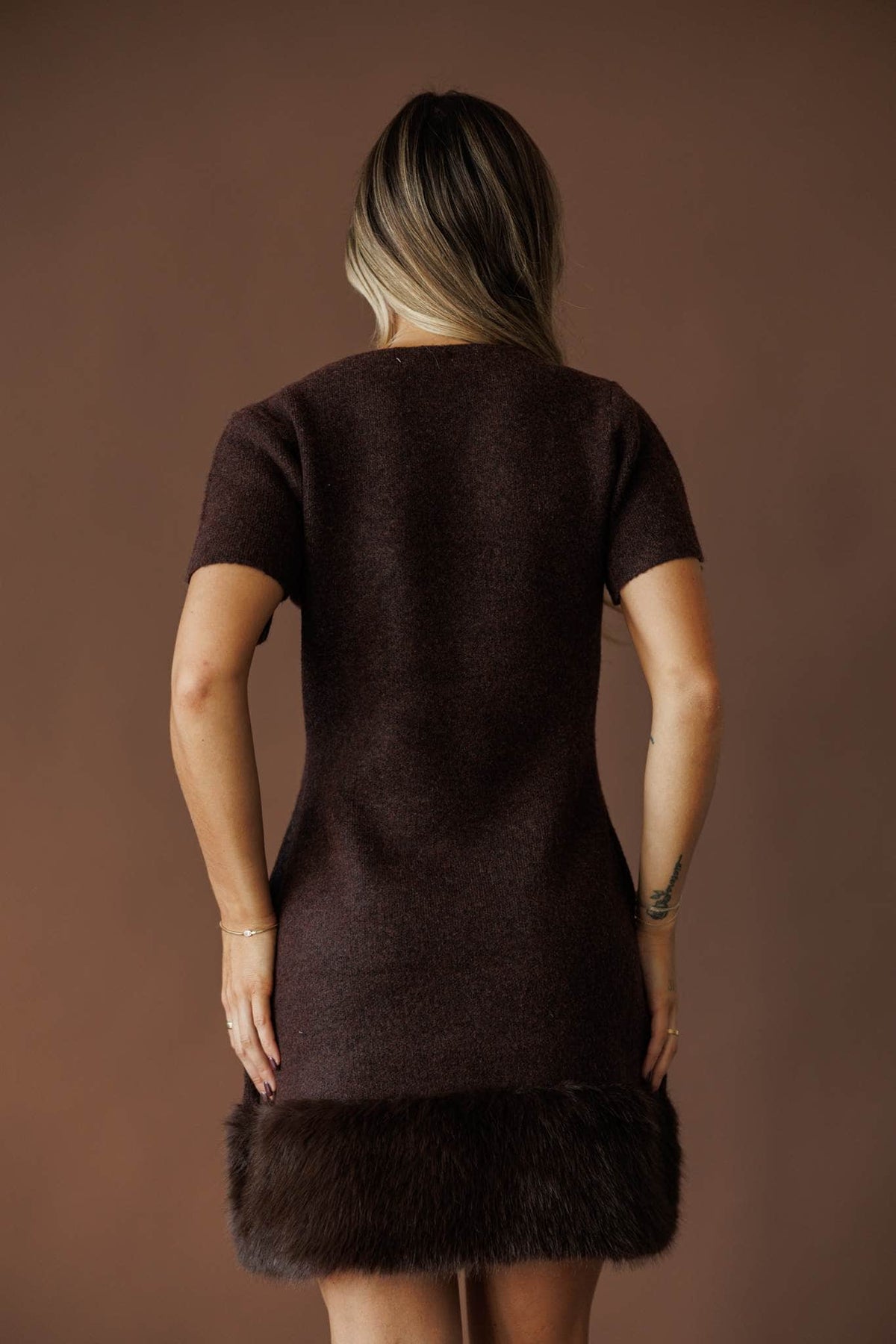Fur trim hem knit mini dress