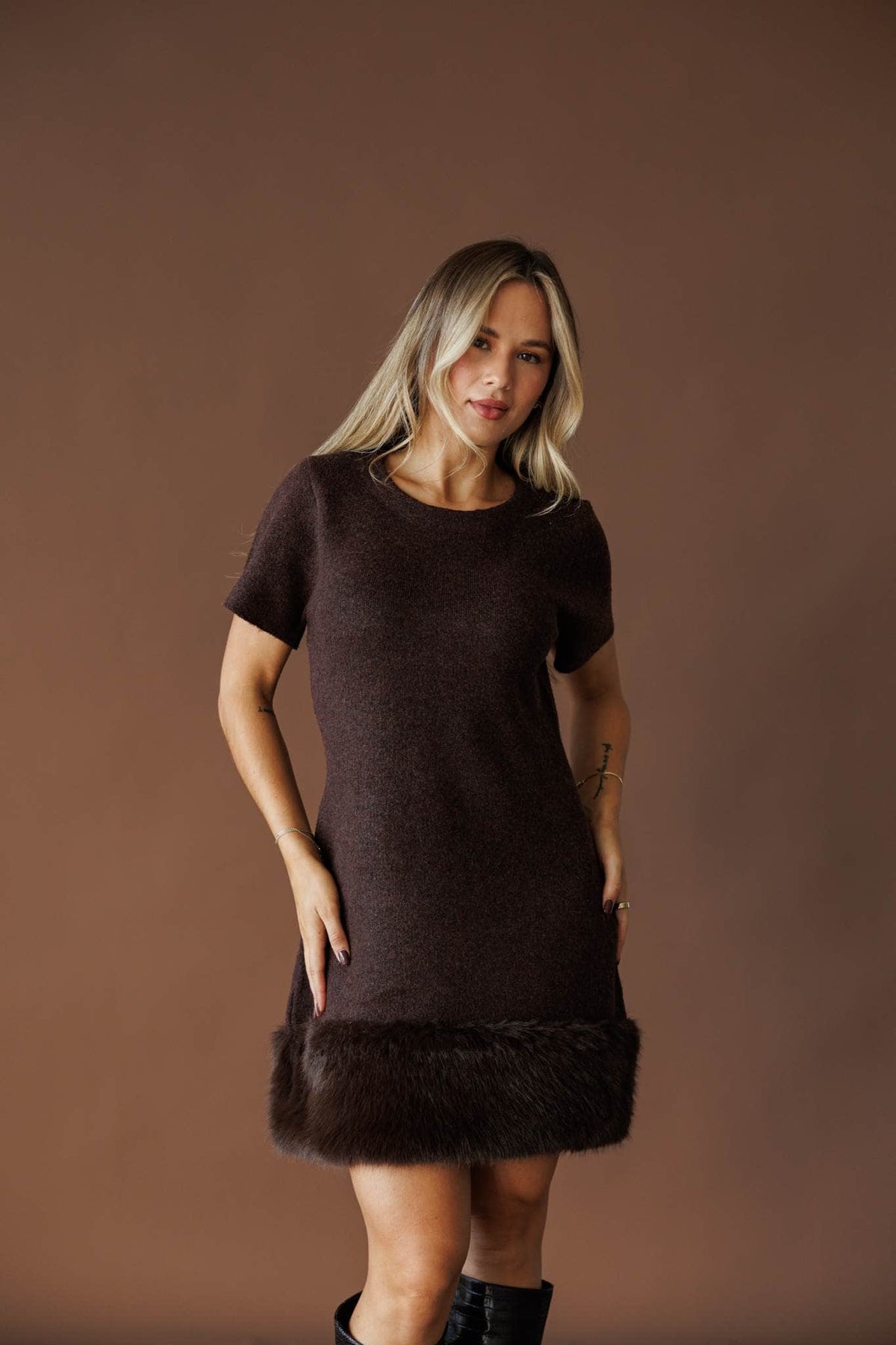 Fur trim hem knit mini dress