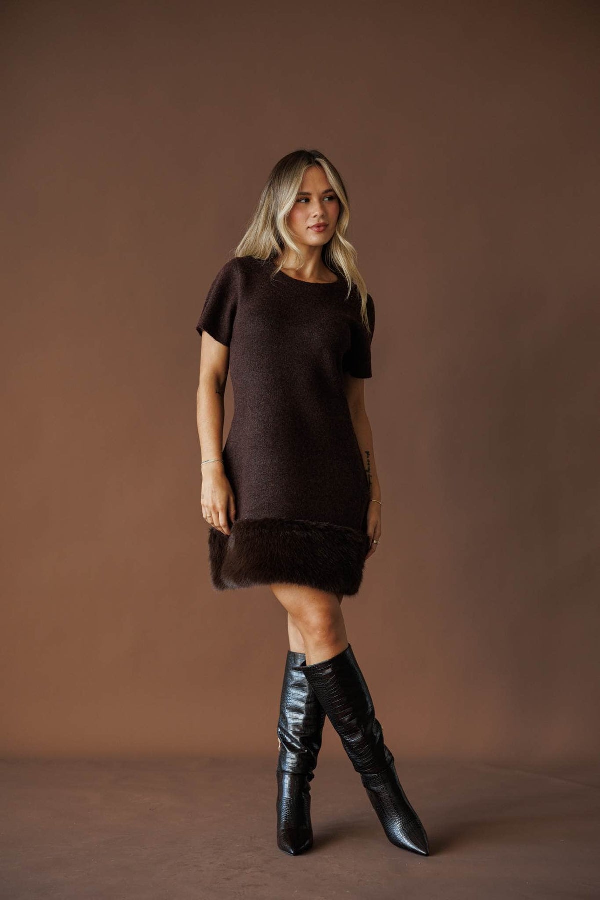 Fur trim hem knit mini dress, front view