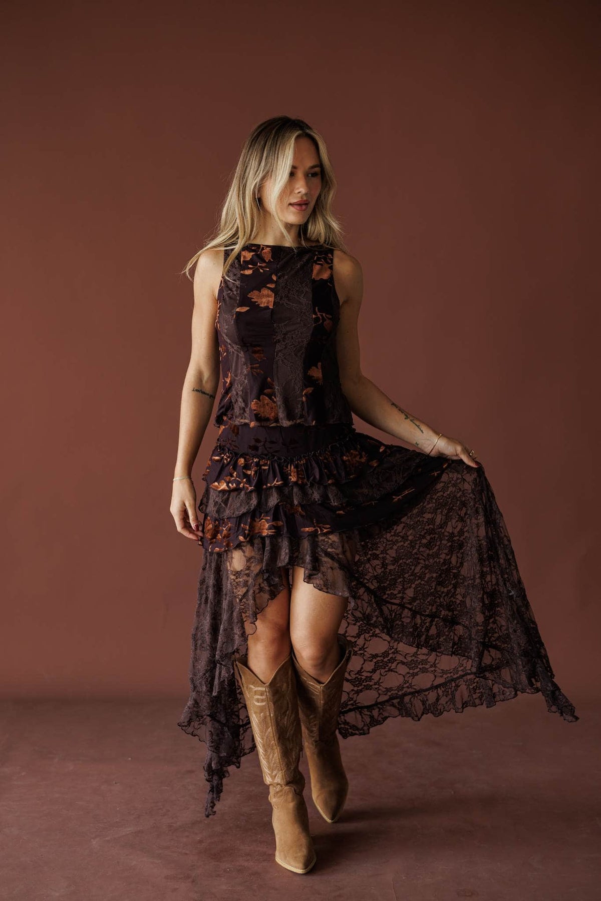 Mahogany burnout velvet tiered maxi skirt