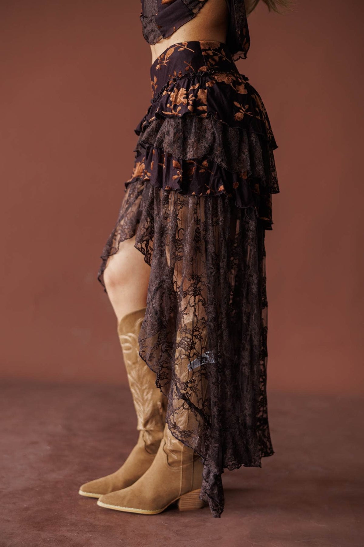 Mahogany burnout velvet tiered maxi skirt