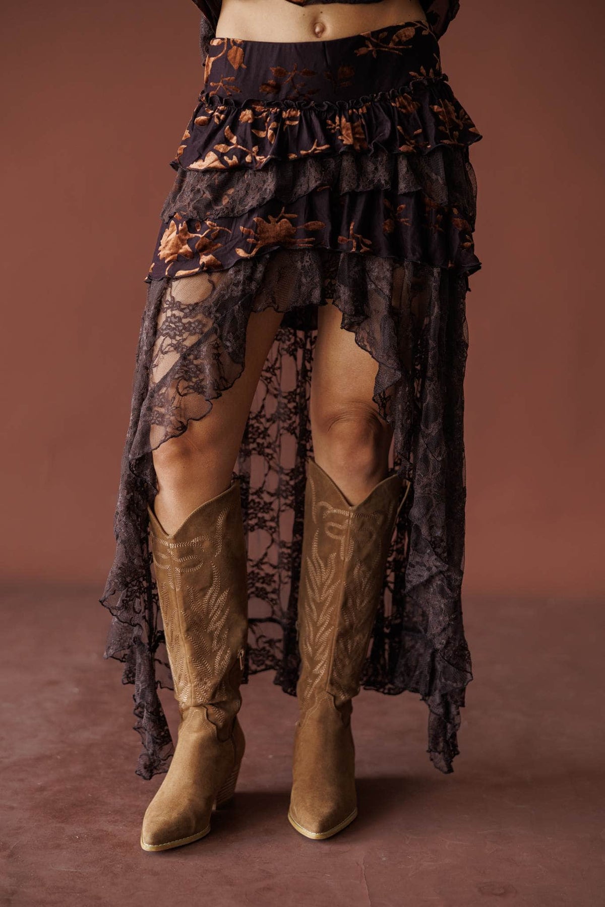 Mahogany burnout velvet tiered maxi skirt, front view