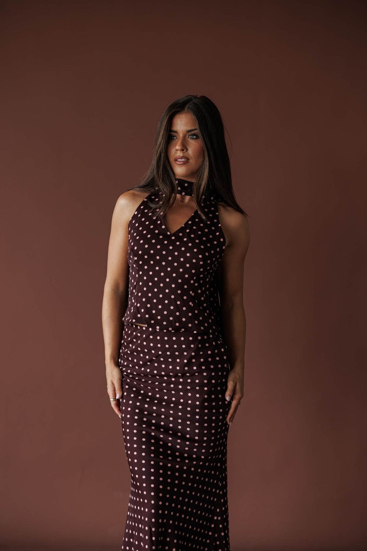 Wine polka dot satin bias midi skirt