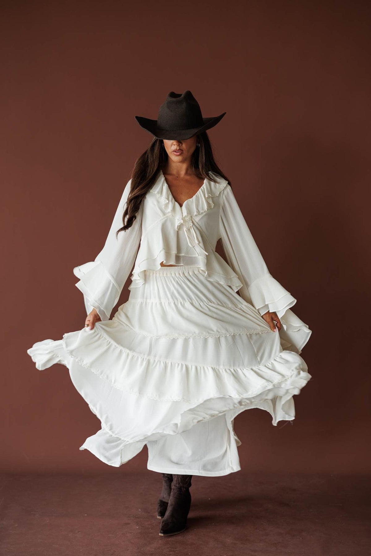 Cream tiered midi skirt