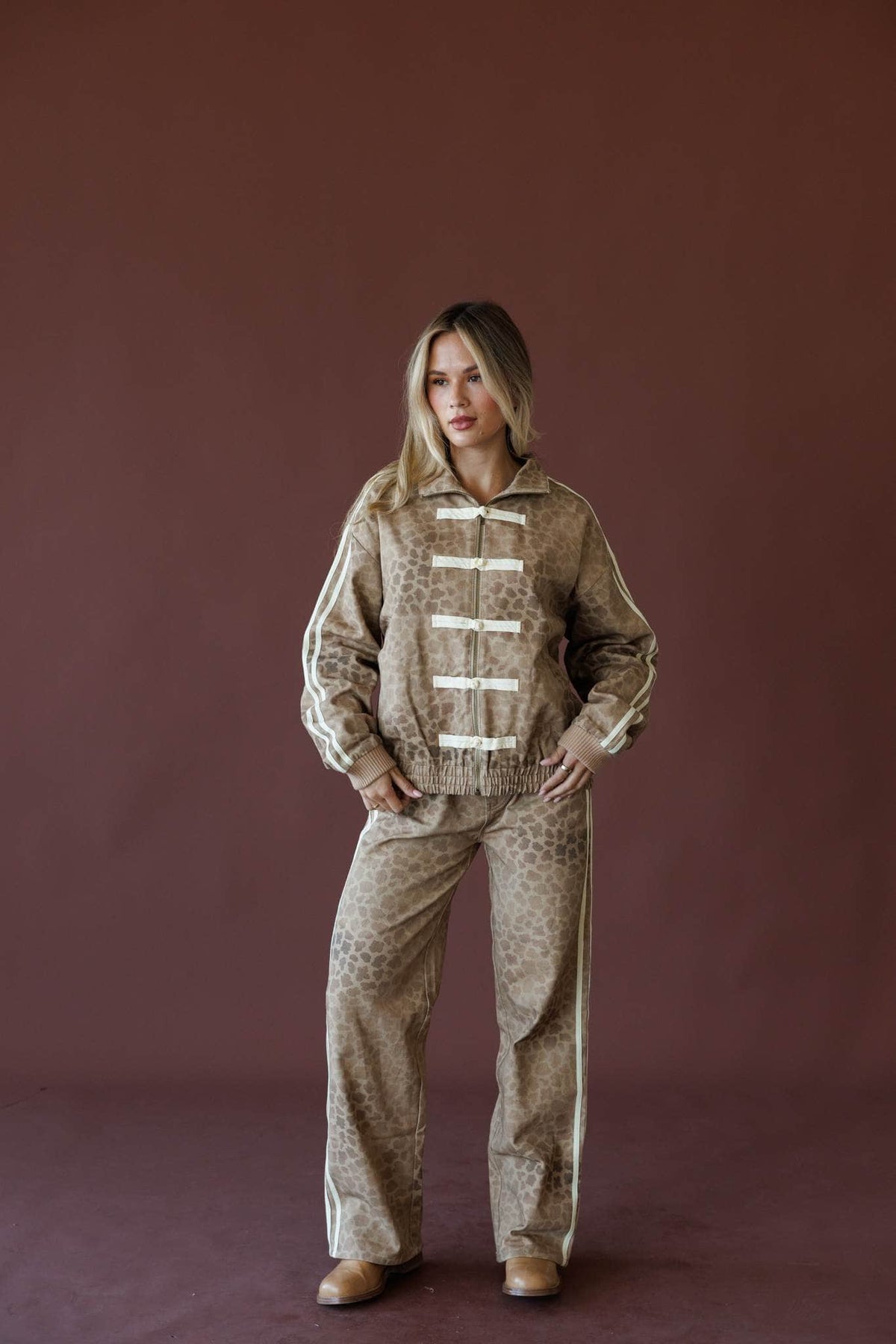 Tan leopard print jacket, front view
