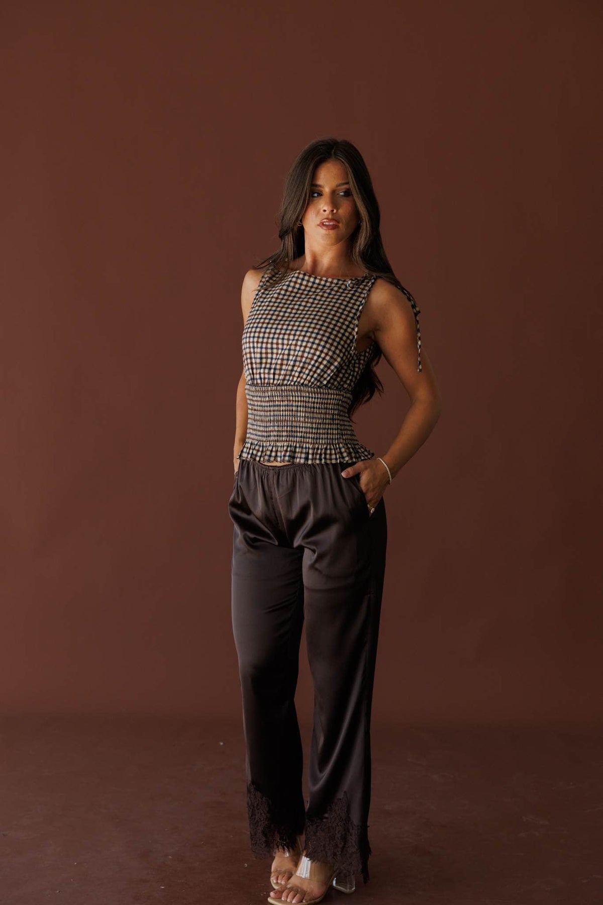 Dark brown satin pants with lace trim
