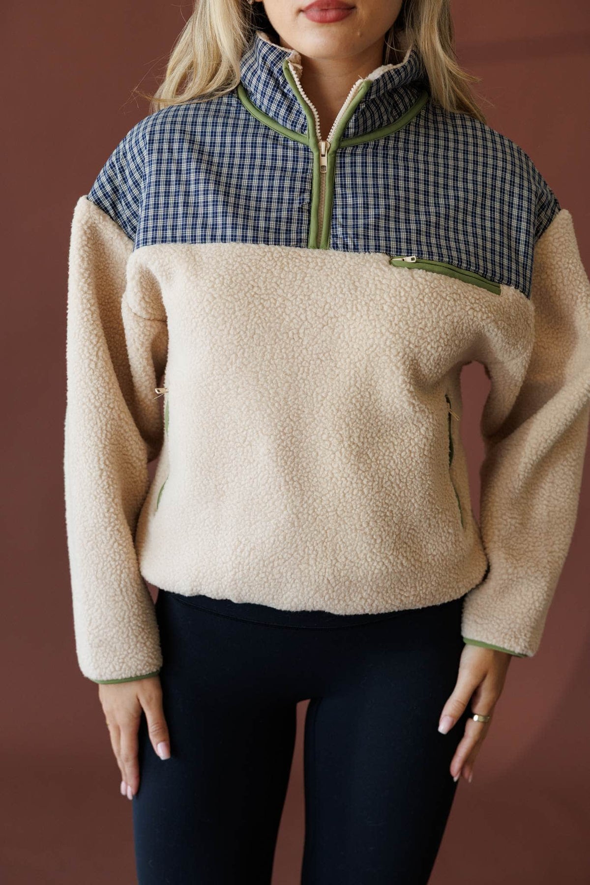 Beige and navy fleece pullover