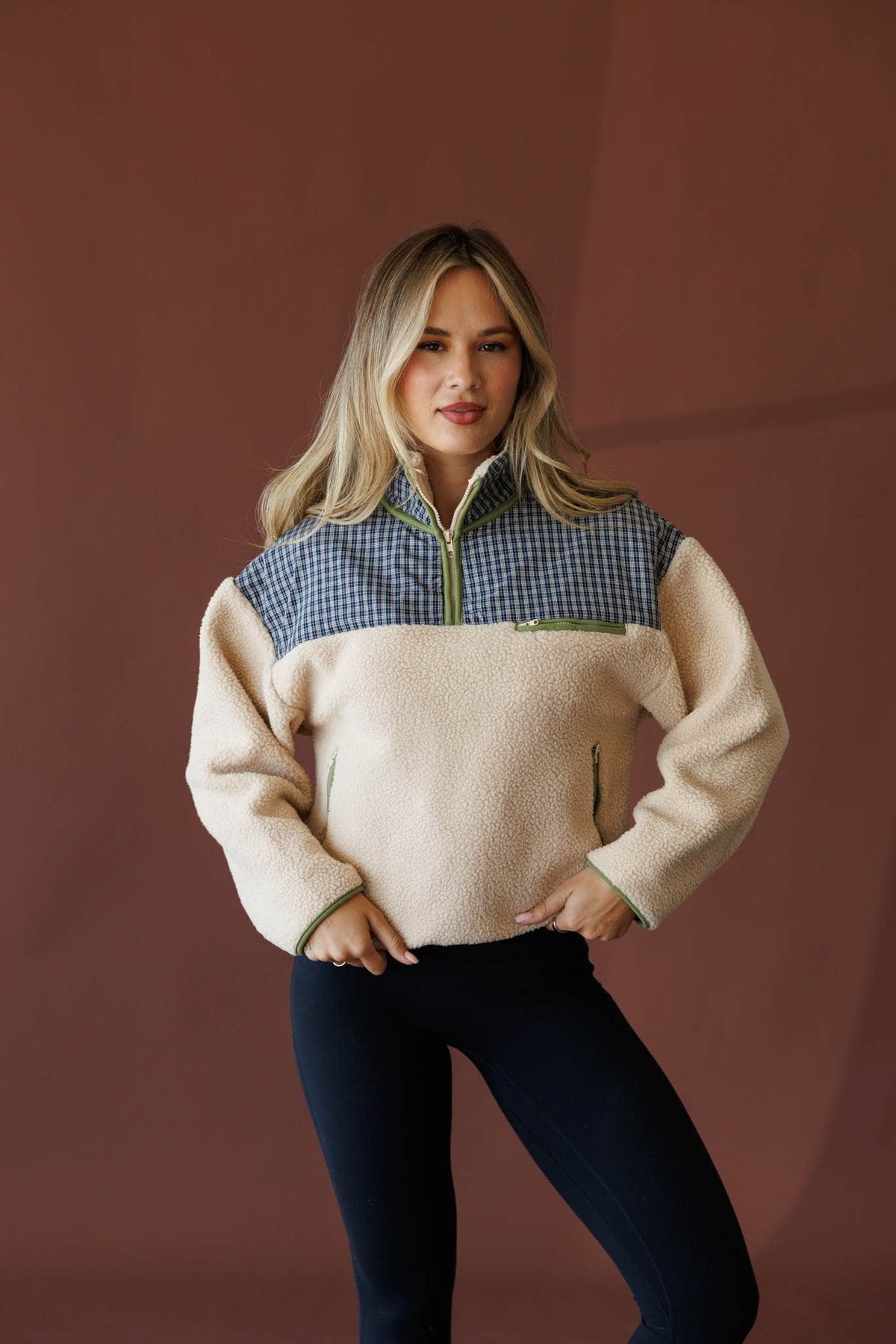 Beige and navy fleece pullover, front view