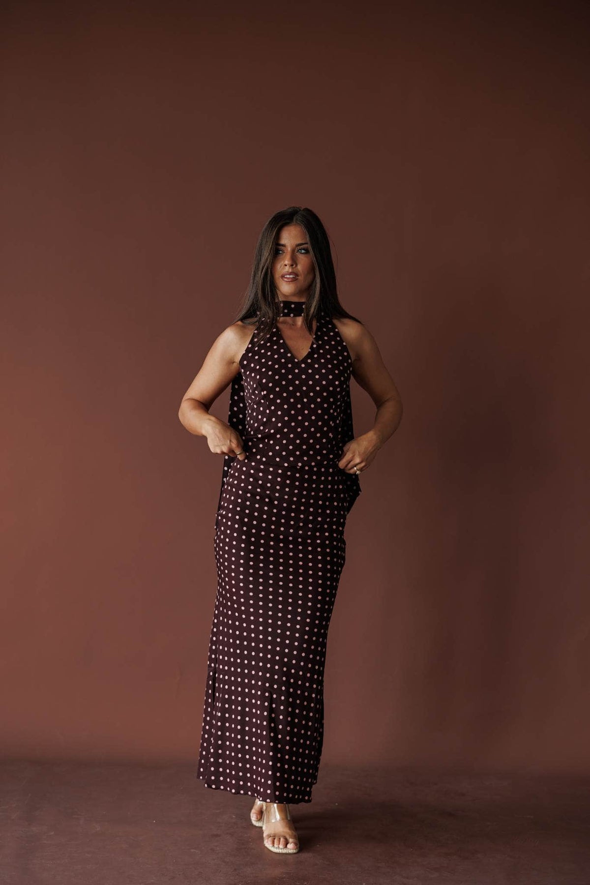 Wine polka dot satin halter top