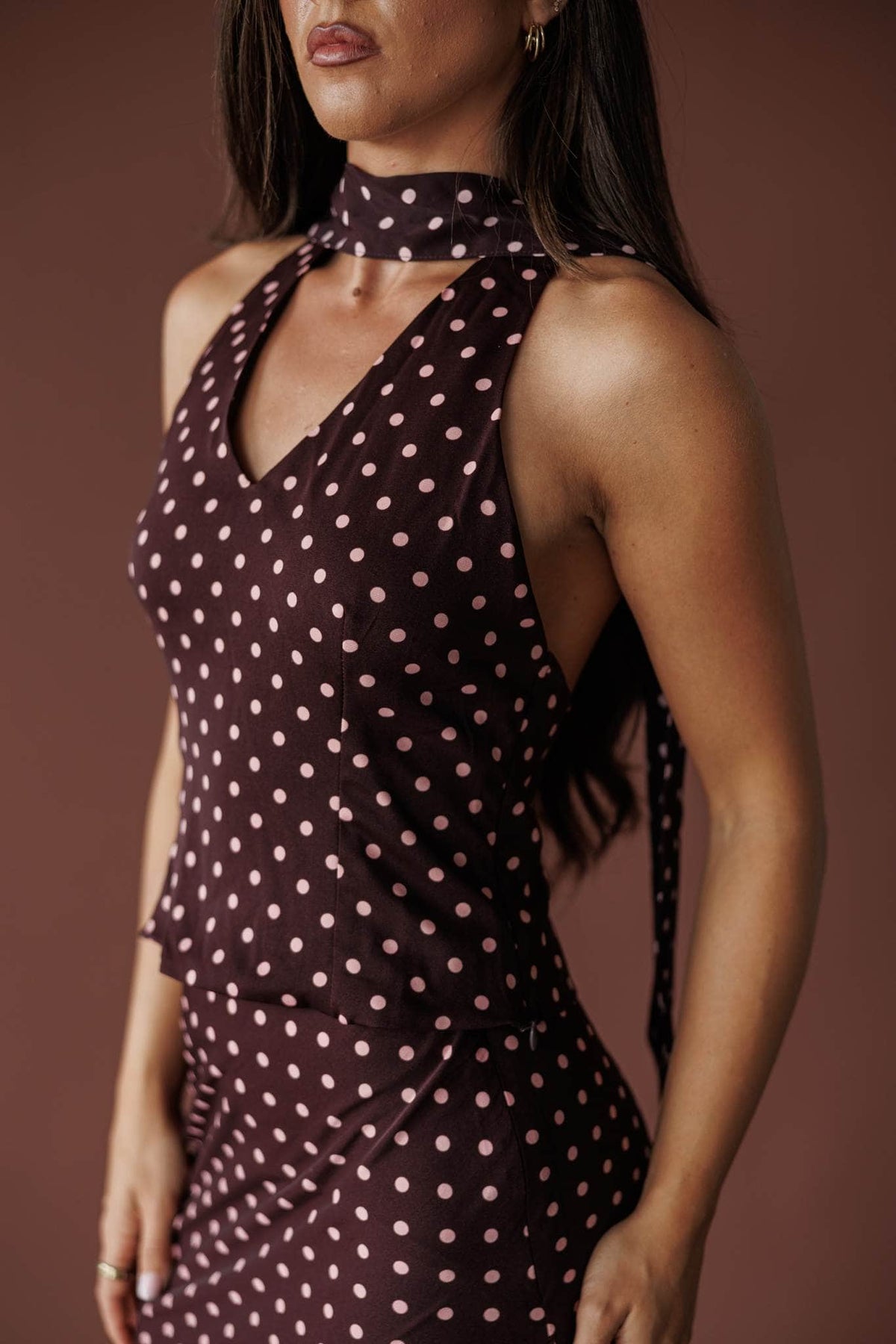 Wine polka dot satin halter top
