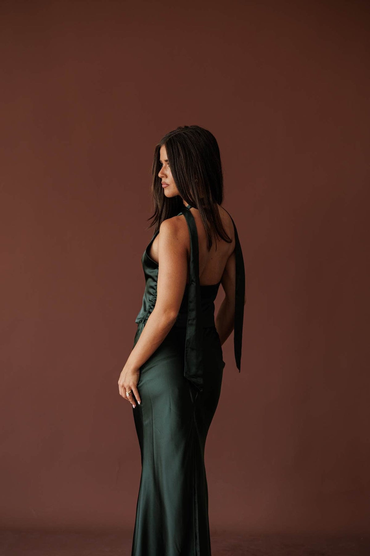 Dark green satin V neck halter top