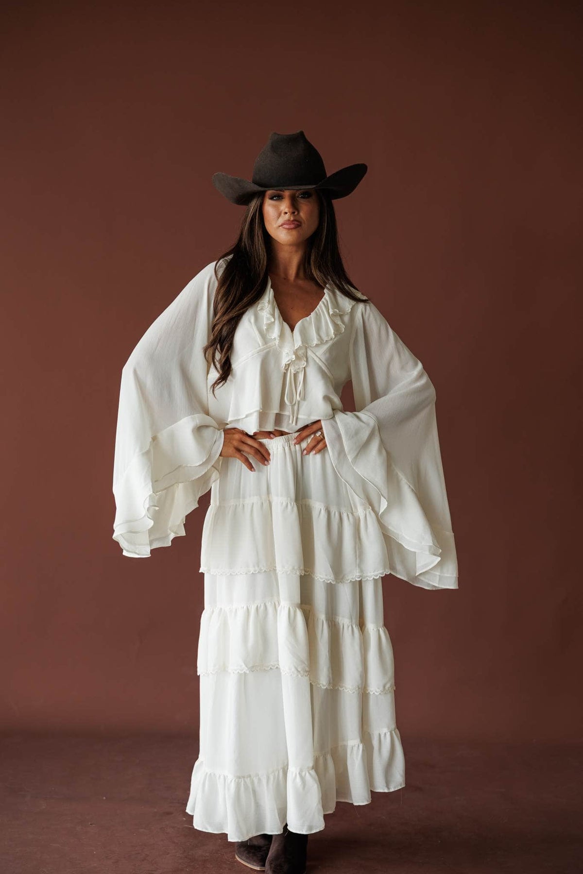 Cream ruffle V neck blouse