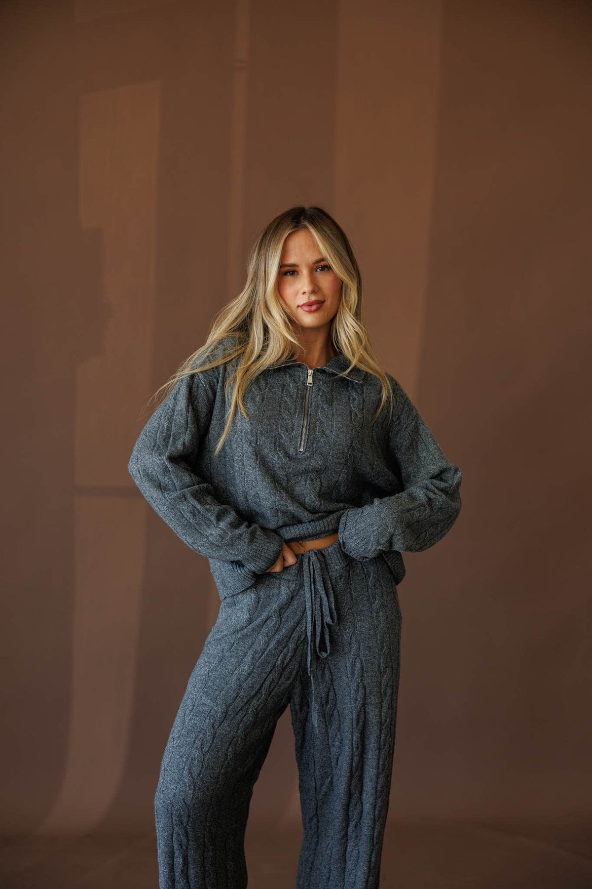 Plaid half zip pullover, front view